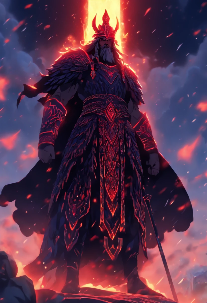 (((PERUN))) best quality, ultra-high resolution, 4K detailed CG, masterpiece, god of the storm, Slavic clothing, Slavic mythology, ((STANDING POSE)), Slavic painting style, aesthetic, centered on the screen