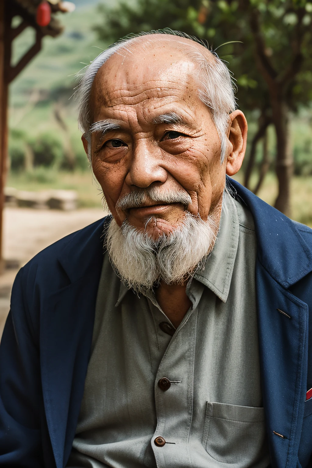 An old man with traditional Chinese thinking，Real frontal photos，Authentic background，The background is nature，Holding a book，worn-out clothing，Face full of wrinkles，80-year-old man，Wise eyes，The beard is white，male people，country style