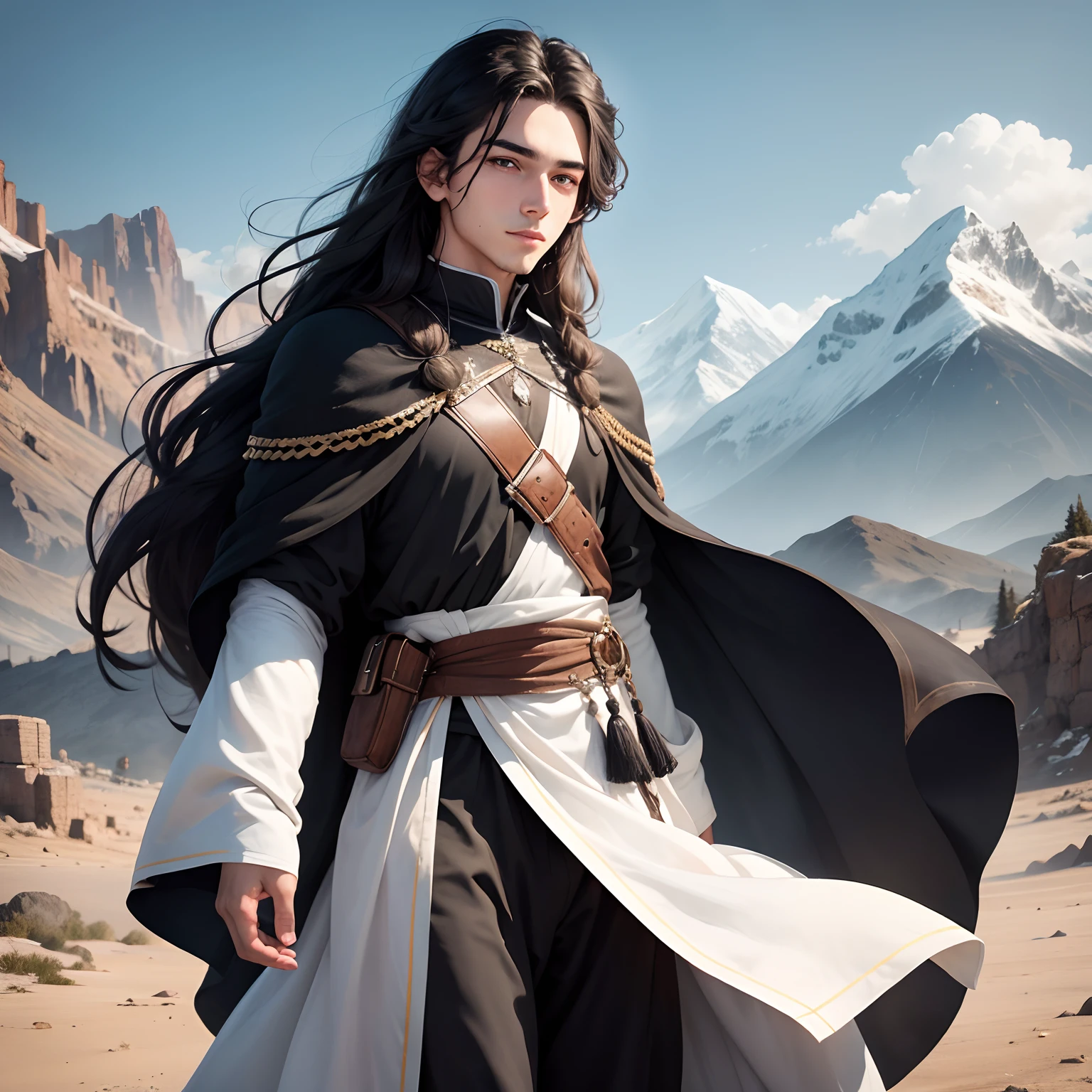 In the background are mountains, A young man, 18 years old named Men, black eyes, long hair, White, wearing a black tunic, Cheerful