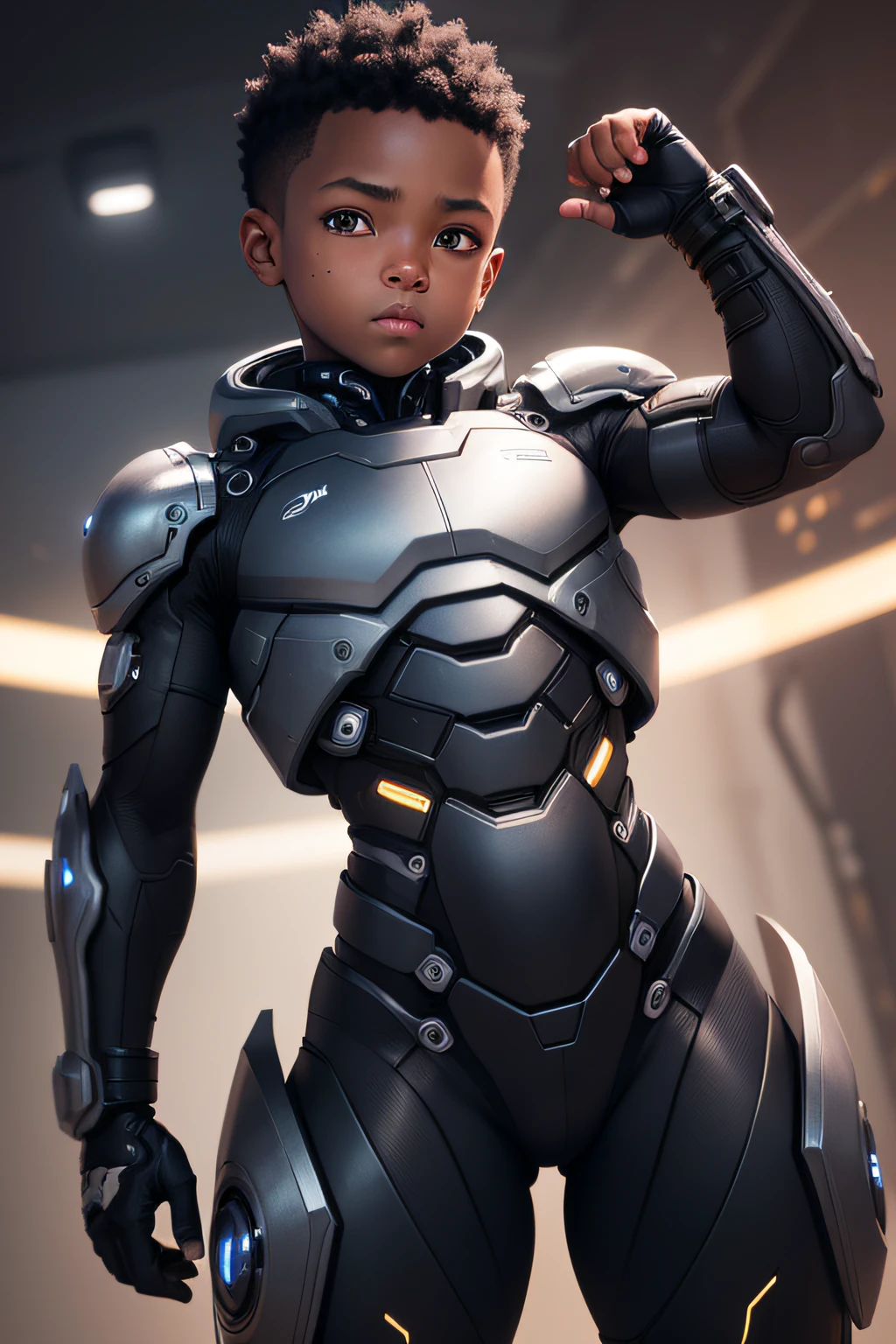 a black cyborg boy, cute pose, very cute, detailed face, detailed fat body, detailed outfit (reality: 1.4), (A hyper-realistic), (high resolution), (8K), (highly detailed), ( Best Illustration), (detailed eyes), (ultra-detailliert), Bright lighting, Professional Lighting, The background is the battlefield.