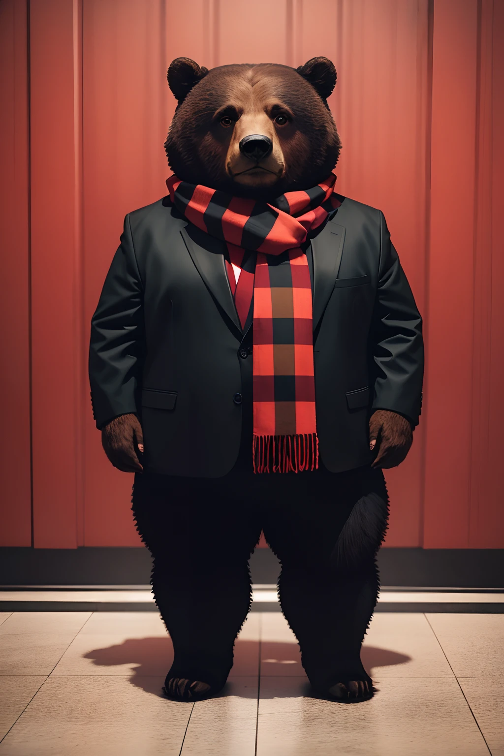 Full body photograph of a bear with a red and black checkered scarf tied around his neck