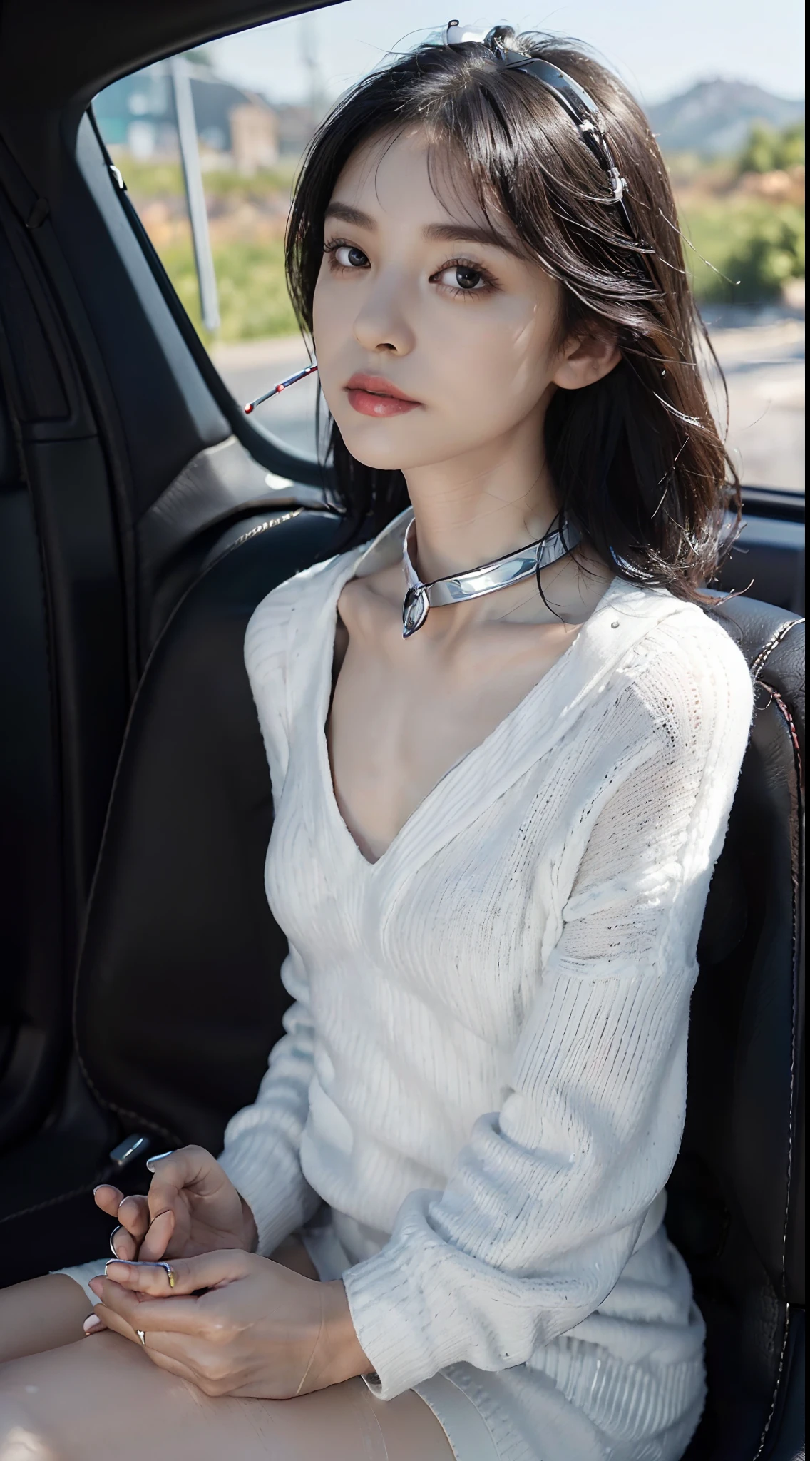 ((Small underboob)), (shoulder length straight short hair:1.1),Upper body, （Extremely meticulous CG 8k wallpaper），（Extremely refined and beautiful），（Masterpiece），（best qualtiy：1.0），（Ultra High Resolution：1.0），beautiful light up，Perfect lightning，realistic shaded，[A high resolution],(Smooth and flawless fair skin:1.5),(shiny skin:1.5),Extremely exquisite facial details,(perfect body：1.1），ultra - detailed，A beautiful girl,small head,(Small breasts:1.1)，Flat chests，slim，thin，Smile，cheerfulness,(dog collar:1.5),(white sweater:1.5),(white pantyhose:1.5），autumn，Morning,in a spacious private car,A female driver,sitting in seat,Steering wheel,intently driving car,safety belt,close Shot,(cowboy shot:1.3),as if the camera is on the passenger seat,(Portrait above chest level:1.3),looking straight ahead,legs open