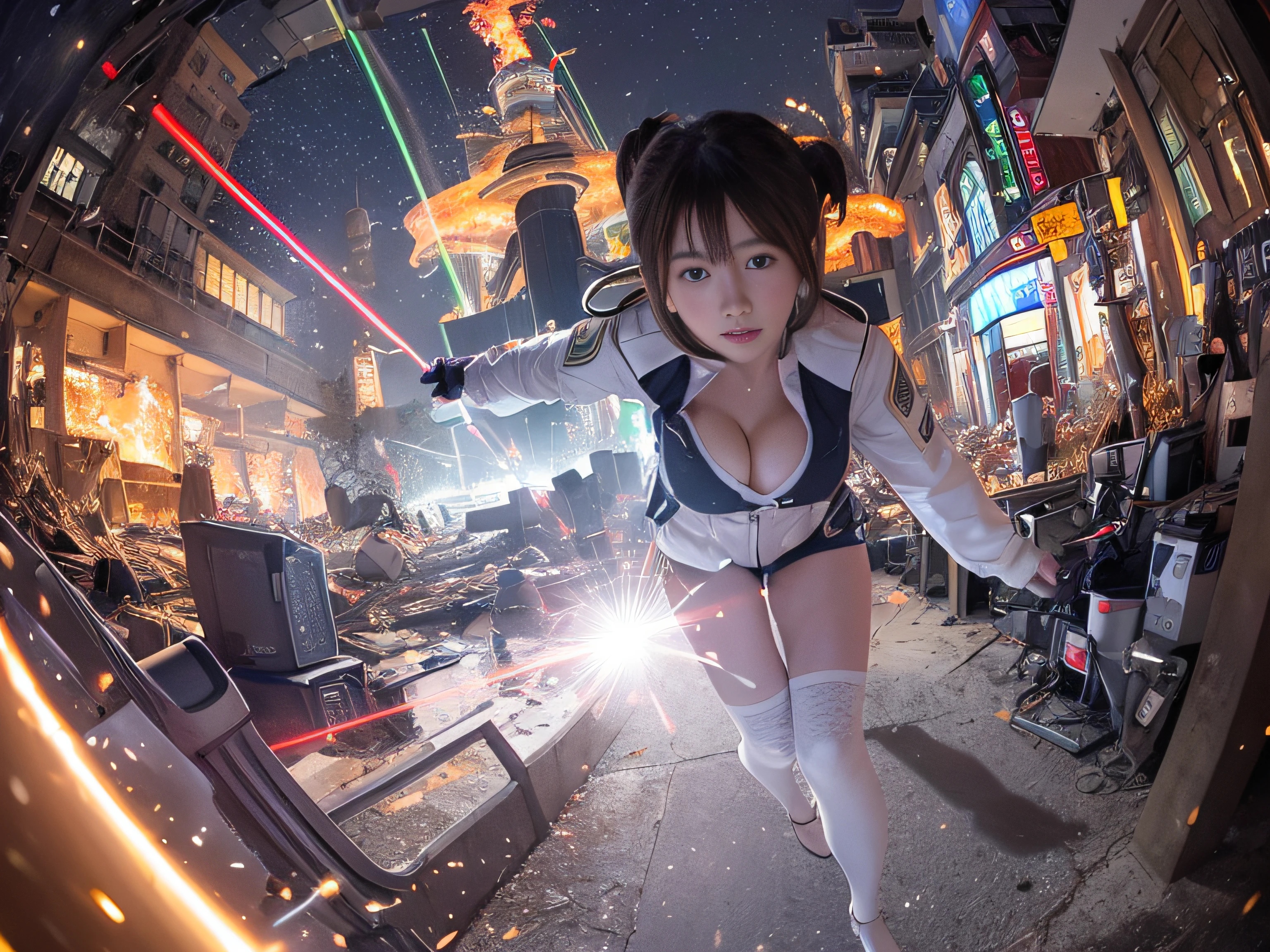 RAW image quality、8K分辨率、Ultra-high-definition CG images、电影灯光, octan render, ultrasharp, 1 girl in, japanes, embarassed face, glowy skin, (Shortcut Hair), headset on head、Futuristic pilot suit, cleavage of the breast, Exposure of the abdomen, intricate detailes, Runaway, Running at full speed, Breaking through the glass, Shards of flying glass, cyberpunked, Night sky with countless stars twinkling, Shining Milky Way, Heavy rain:1.3, Ruins, (Laser beam attack:1.4), Big explosion in the background:1.3, (Severe blast)、Pillar of fire:1.2, A city engulfed in flames, floods, wetting hair:1.5, wetted skin:1.5, puddle, Detailed eyes, detailed skin textures, cammel toe, Detailed CG image quality, (8mm fisheye lens:1.4), Angle looking up from below:1.2, (Full Body Angle), The whole body is soaking wet, Fast shutter speed,