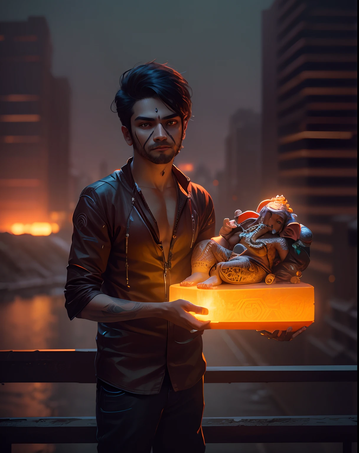 Holding a lord ganesh statichu ,cyberpunk,hendsome, men,lighting place