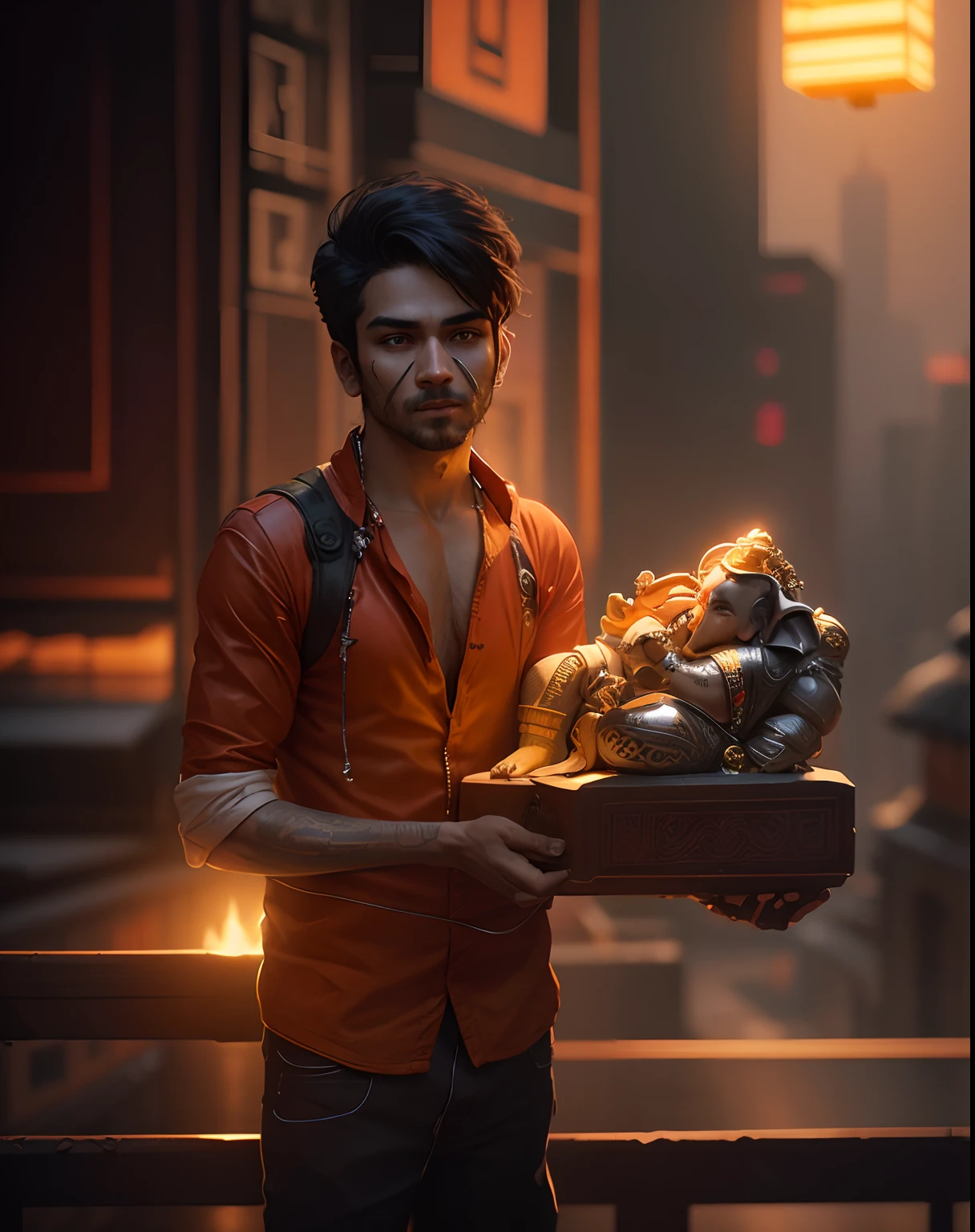 Holding a lord ganesh statichu ,cyberpunk,hendsome, men,lighting place