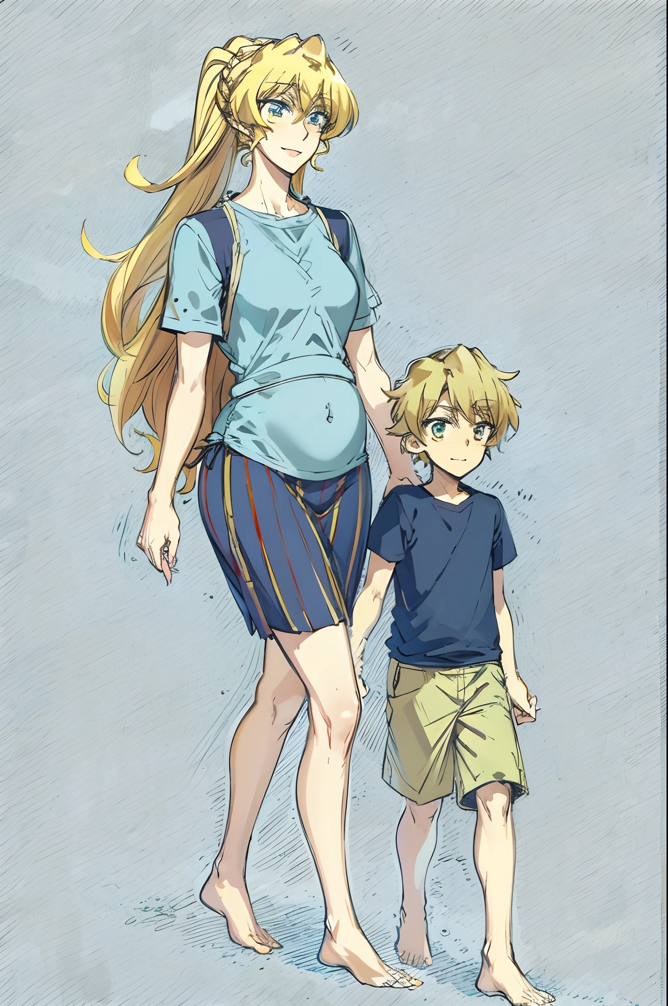 masterpiece, best quality, 1girl, alicetaria,blonde hair, l, mother and son , mom and shota, long hair, ponytail, blue eyes, blue shirt, pleated skirt, solo, simple background, bikini, beach, , alicetaria and son, motherly, walking, family, mother and child,boy, smile ,Pregnant, tall woman, brown hair boy,