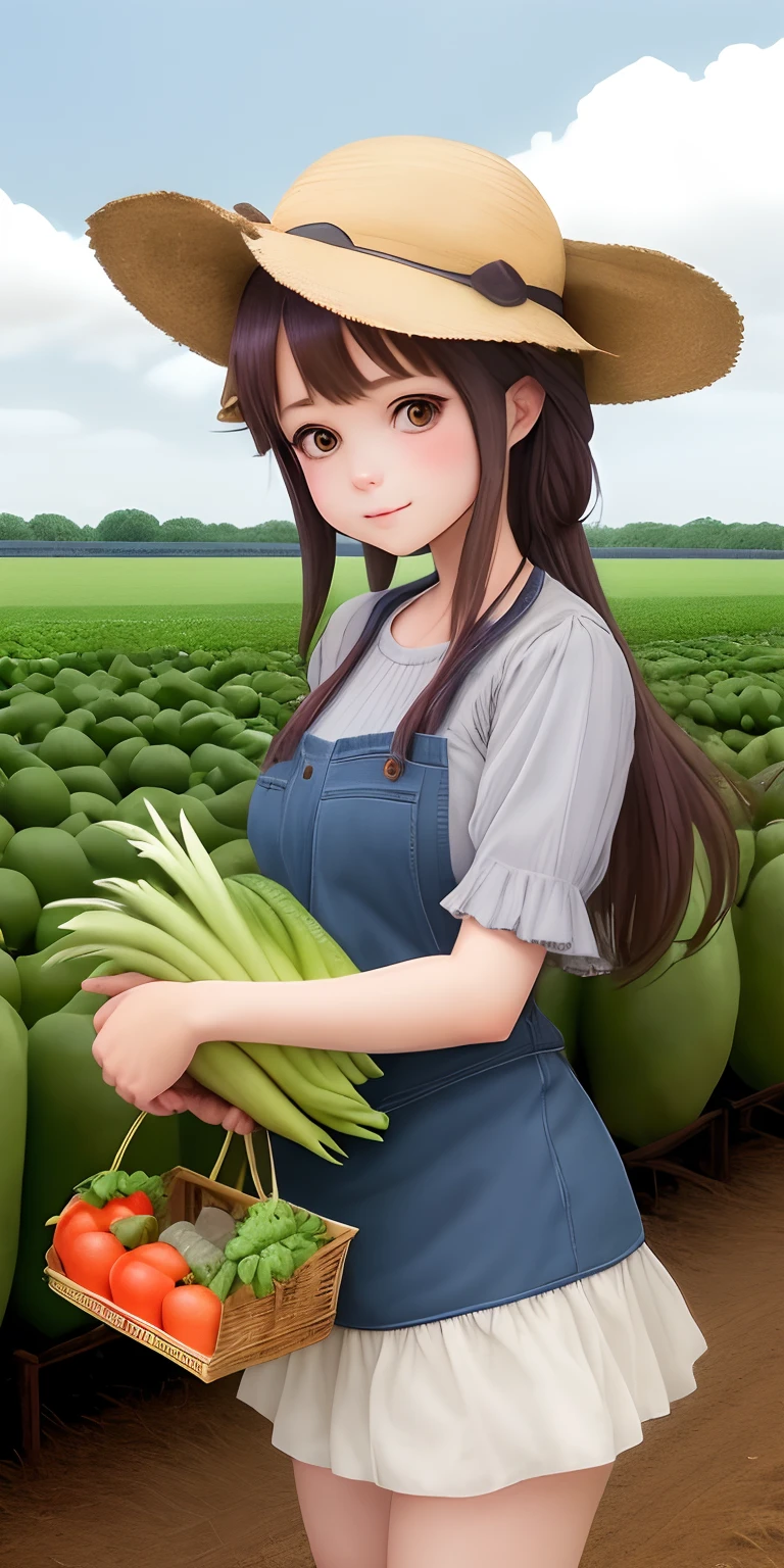 1 adorable girl in anime style with farm hat posting with the fresh vegetables and fruits, local farm behinds