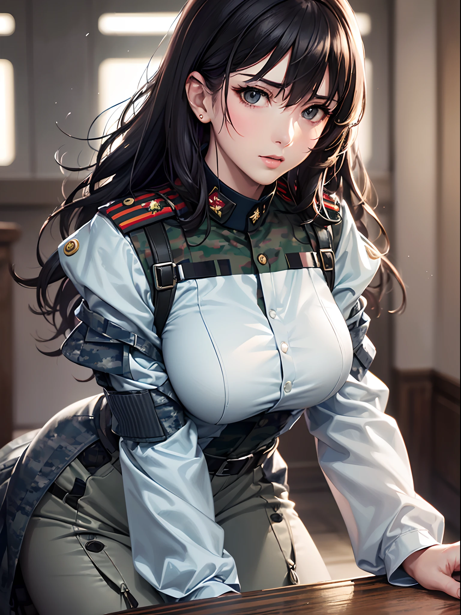 Beautiful North Korean woman, 25 years old, military, cap, uniform, face with determination, original short straight black hair, long eyelashes, beautiful eyes with brightness, surrealism, shadow, stereogram, (photorealistic, realistic: 1.2), POV, atmospheric perspective, cinematic lighting, ray tracing, 8k, super detail, best quality, masterpiece, well detailed, (Canan EOS R6, 135mm, 1/1250s, f/2.8, ISO 400:0.9), weapons, neckline, back,  Round Ass, North Korea.