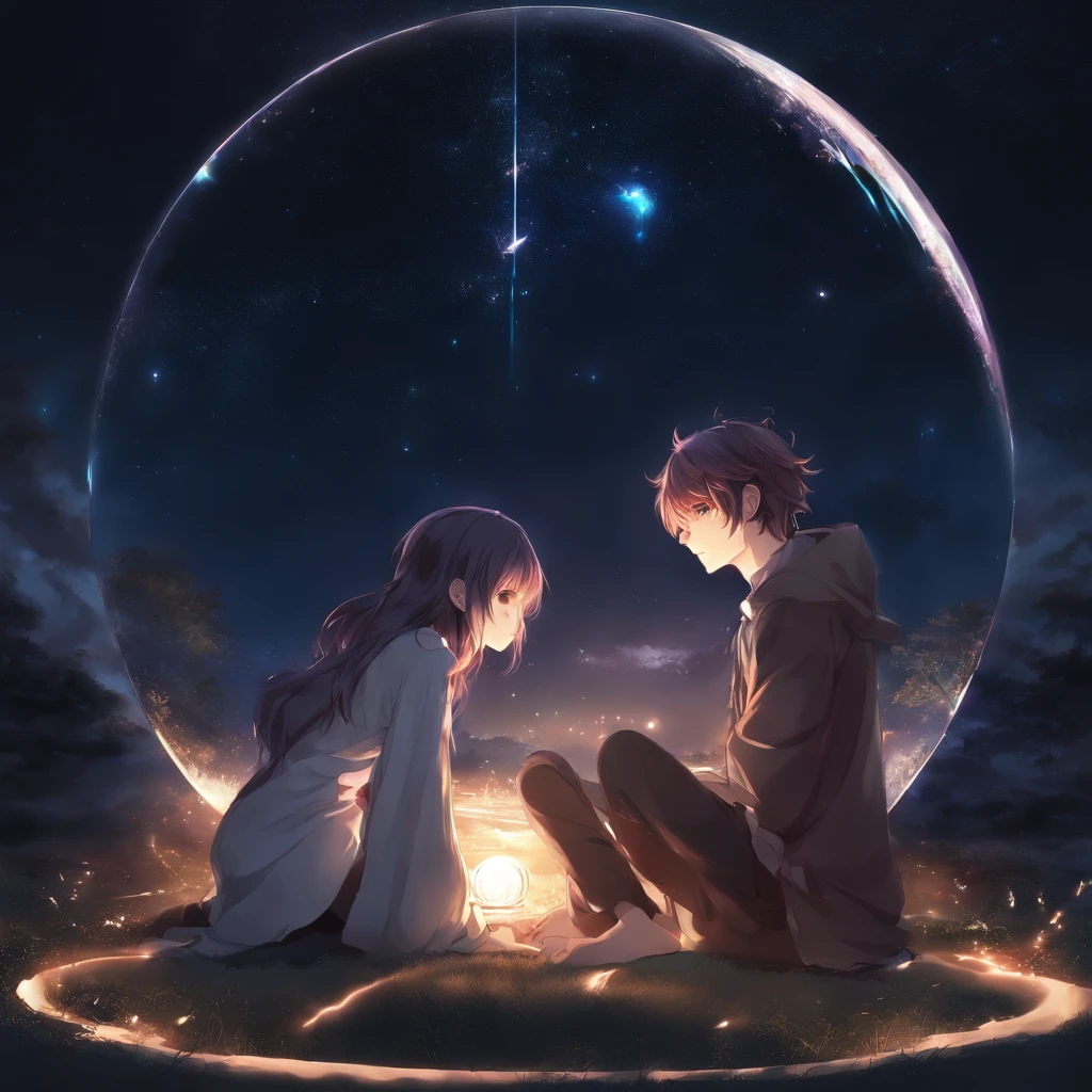 Couple of anime sitting on the ground，In a glowing sphere, No Games No Life, beautiful fantasy anime, anime in fantasy style, zerochan art, hd anime wallaper, anime fantasy artwork, anime wallaper, ethereal anime, Beautiful anime, anime fantasy illustration, beautiful anime artwork, anime artsyle, beautiful anime art, Pixiv Contest Winner, digital art on pixiv