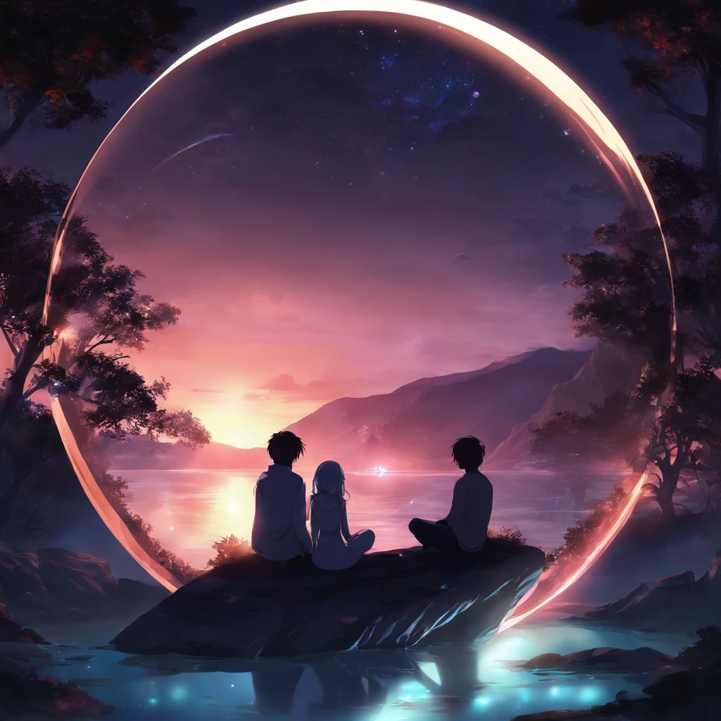 Couple of anime sitting on the ground,In a glowing sphere, No Games No Life, beautiful fantasy anime, anime in fantasy style, zerochan art, hd anime wallaper, anime fantasy artwork, anime wallaper, ethereal anime, Beautiful anime, anime fantasy illustration, beautiful anime artwork, anime artsyle, beautiful anime art, Pixiv Contest Winner, digital art on pixiv