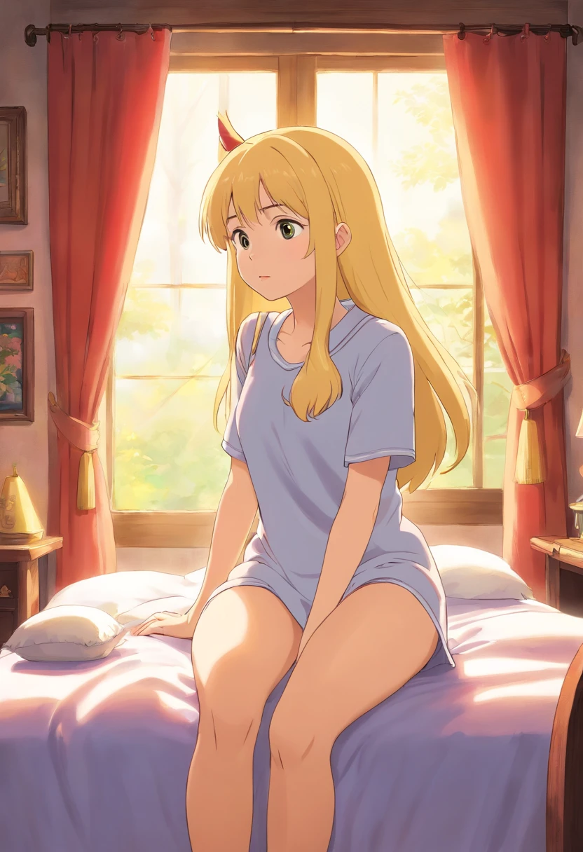 1female,sit on a bed,Full breasts,Large exposure,,The thighs are long and white,ass big,Yellow hair,Make it big with your hands,Mouth open,smug expression,Facing me,Didn't wear it