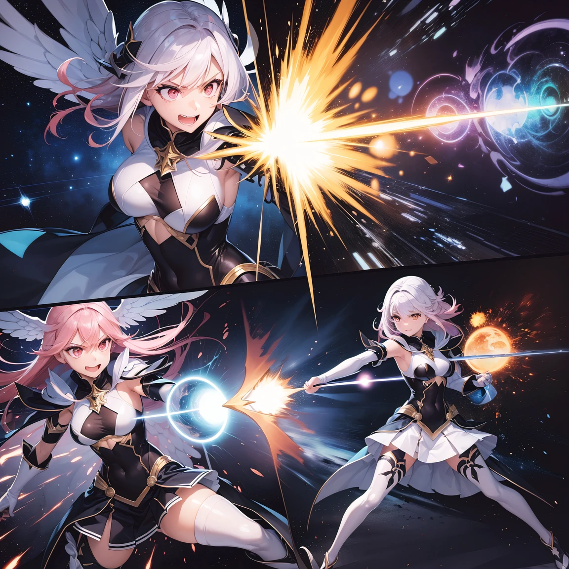 (comic_layout:1.3), (fighting stance:1.2), magical girl, multiple girls, (face focus), perfect detailed eyes, (sparkle, explosion:1.2), (reflection burst fire), multiple views, growing detailed eyes, angelic eyes, medium hair, brilliant white medium dress, white elbow gloves, luminescence wing hair ornament, skirt, wing brooch, medium breasts, pink hair, pink eyes, pink thigh highs, upper body, sleeveless, (burst into laughter:1.1), disdain, smile, annoyed, (brilliant colorful luminescence effect galaxy background), BREAK (best quality:1.3), (absurd resolution:1.1), (top quality:1.1), masterpiece, high resolution, immensely beautiful, extremely detailed CG, incredibly absurdres, comic