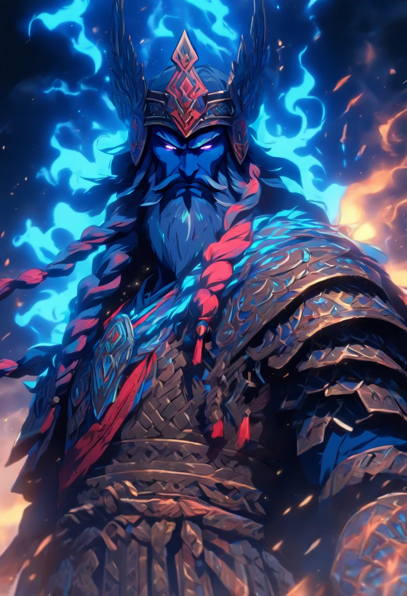 (((PERUN))) best quality, ultra-high resolution, 4K detailed CG, masterpiece, god of the storm, Slavic clothing, Slavic mythology, ((STANDING POSE)), Slavic painting style, aesthetic, centered on the screen