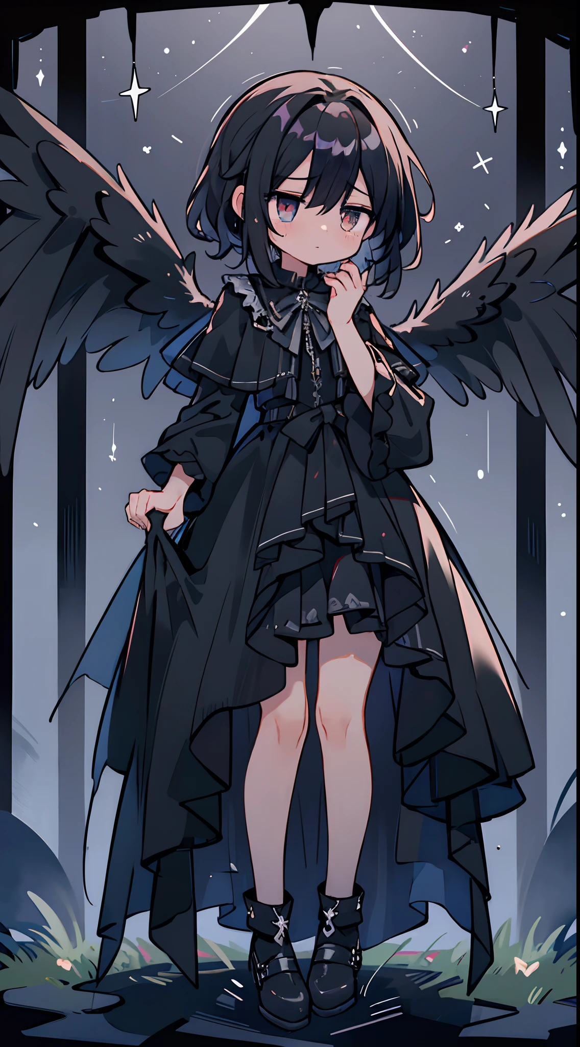 Shrouded in darkness　Black Angel
Living in solitude　In sorrow
Broken hearts　Hide and fly away
Running in the night sky　Beautiful and sad
On a lonely journey　Black Angel
No one can find　Secret places
Broken hearts　To heal
Stargazing at the sky　Crying quietly
Spread your black wings　Black Angel
Defying fate　Proof of Strength
Broken hearts　Overcome
A new self　Find out