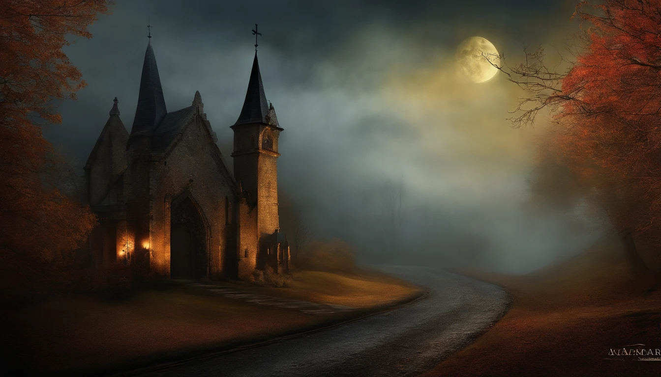 Paisaje Spooky brujas y fantasmas, Estilo de pintura Arte de Pared, Dark Gothic style, autumn season.