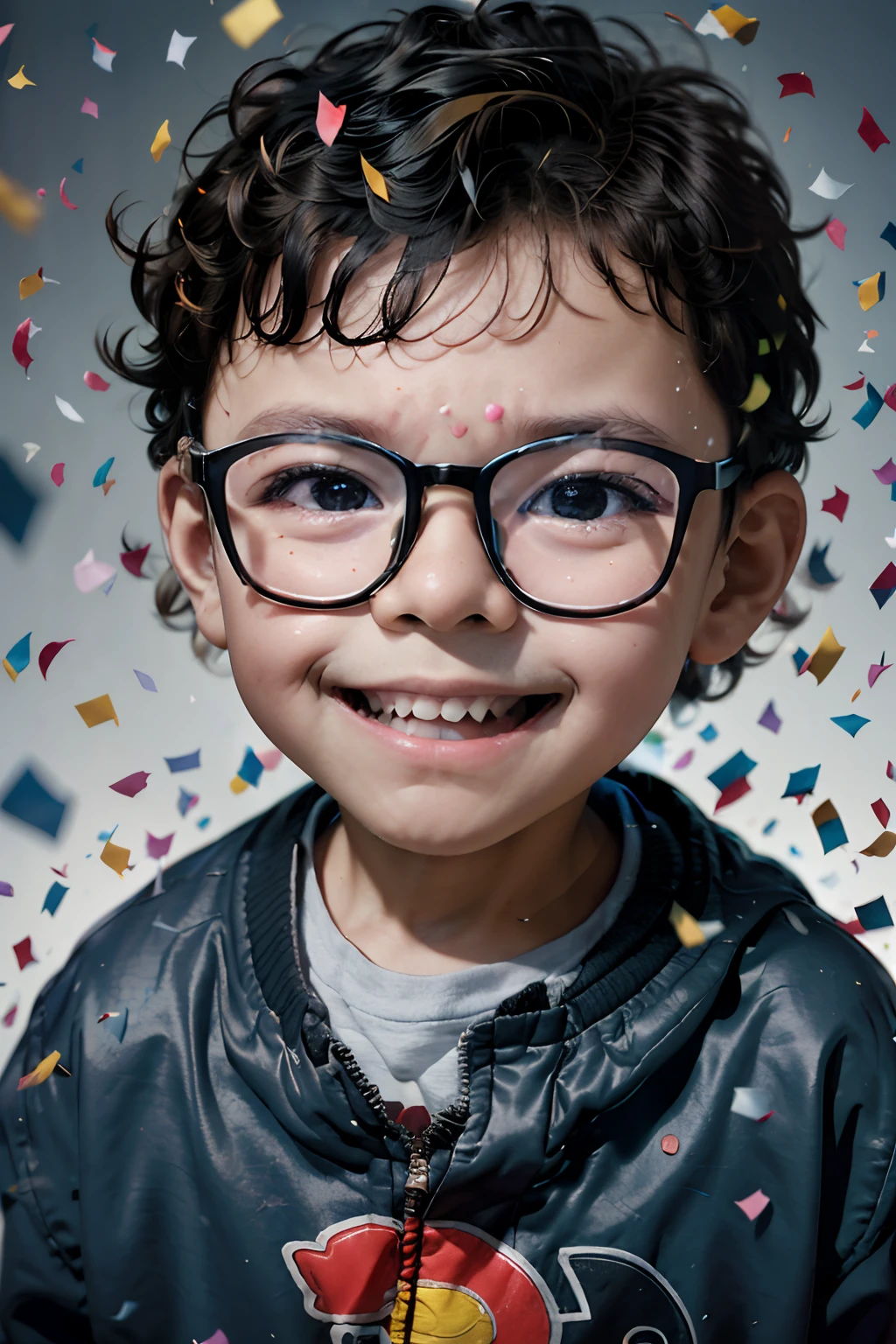 Create a cover portrait of a 3-year-old boy wearing glasses in a Pixar-style studio setup. He's gleeful, tossing colorful confetti into the air, looking directly at the viewer. The scene is set in a kindergarten environment with a pleasant, soft focus.