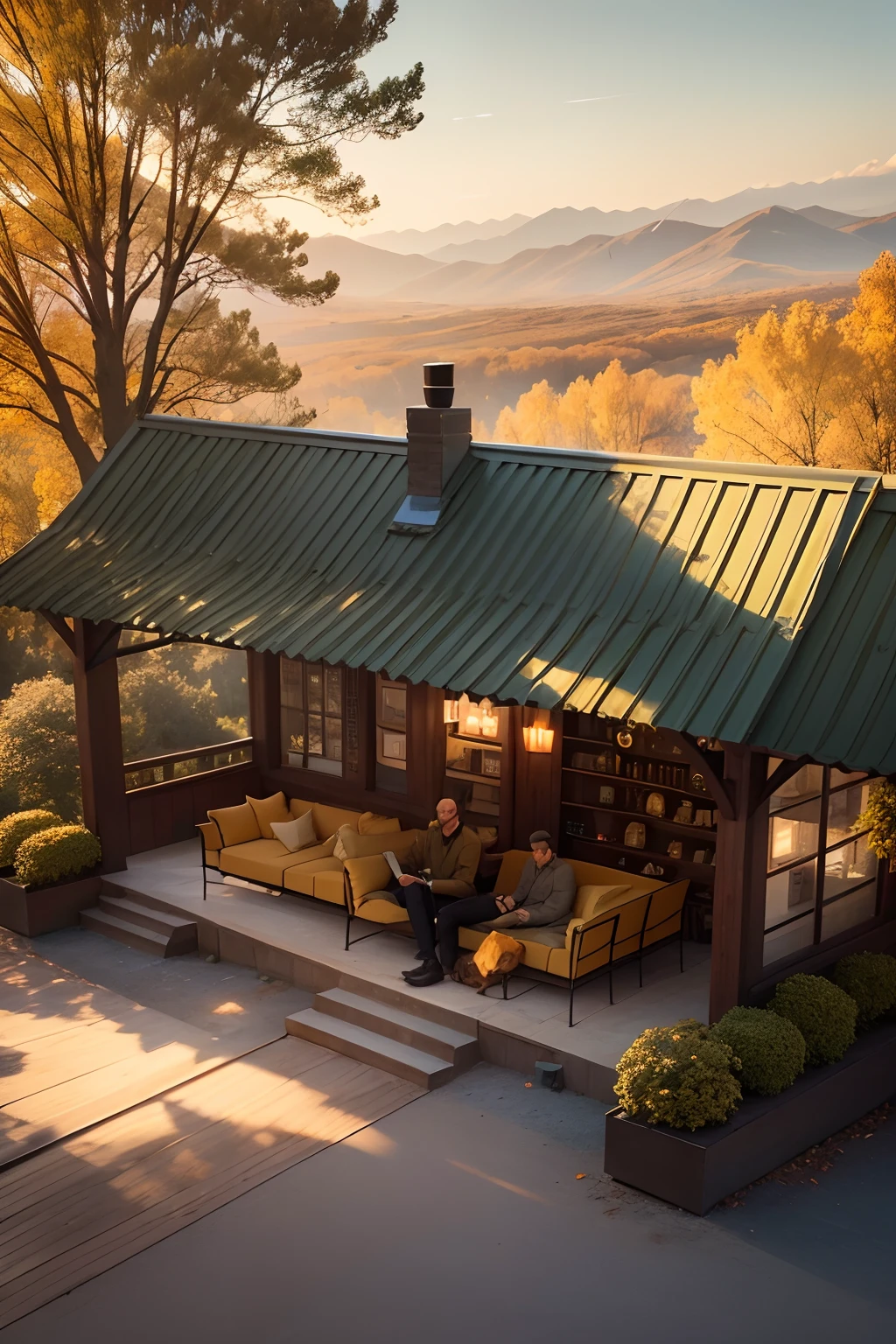 Mountain Tea Room Pneumatic Device Golden Autumn Atmospheric Sense Golden Yellow Outdoor Venue Rest Leisure Entertainment A man and a dog lying on the ground Very large scene Aerial renderings