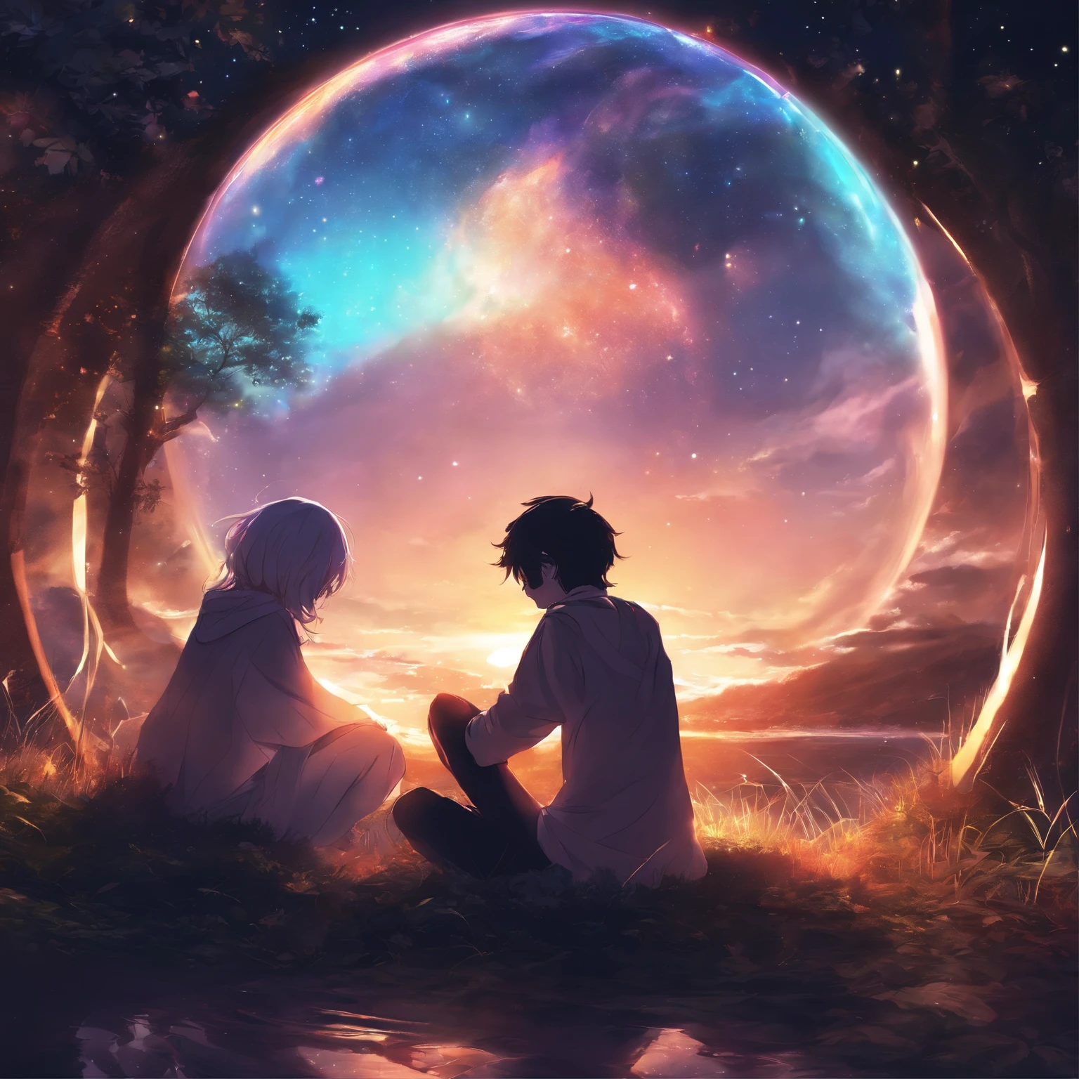 Couple of anime sitting on the ground,In a glowing sphere, No Games No Life, beautiful fantasy anime, anime in fantasy style, zerochan art, hd anime wallaper, anime fantasy artwork, anime wallaper, ethereal anime, Beautiful anime, anime fantasy illustration, beautiful anime artwork, anime artsyle, beautiful anime art, Pixiv Contest Winner, digital art on pixiv
