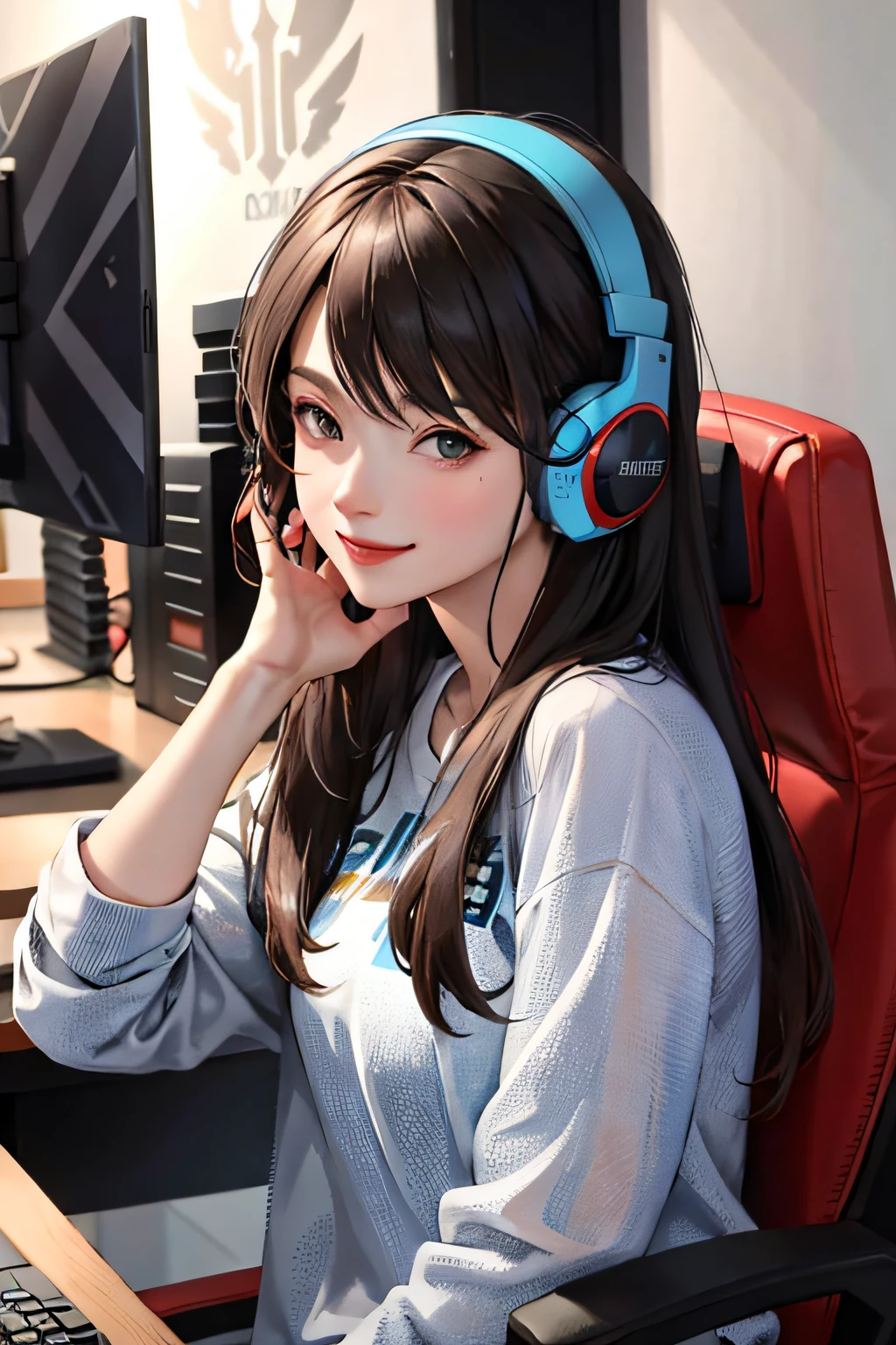 (masterpiece:1.2, best quality), (real picture, intricate details), 1lady, solo, upper body, casual, long hair, Esports girls, smile, Headsets