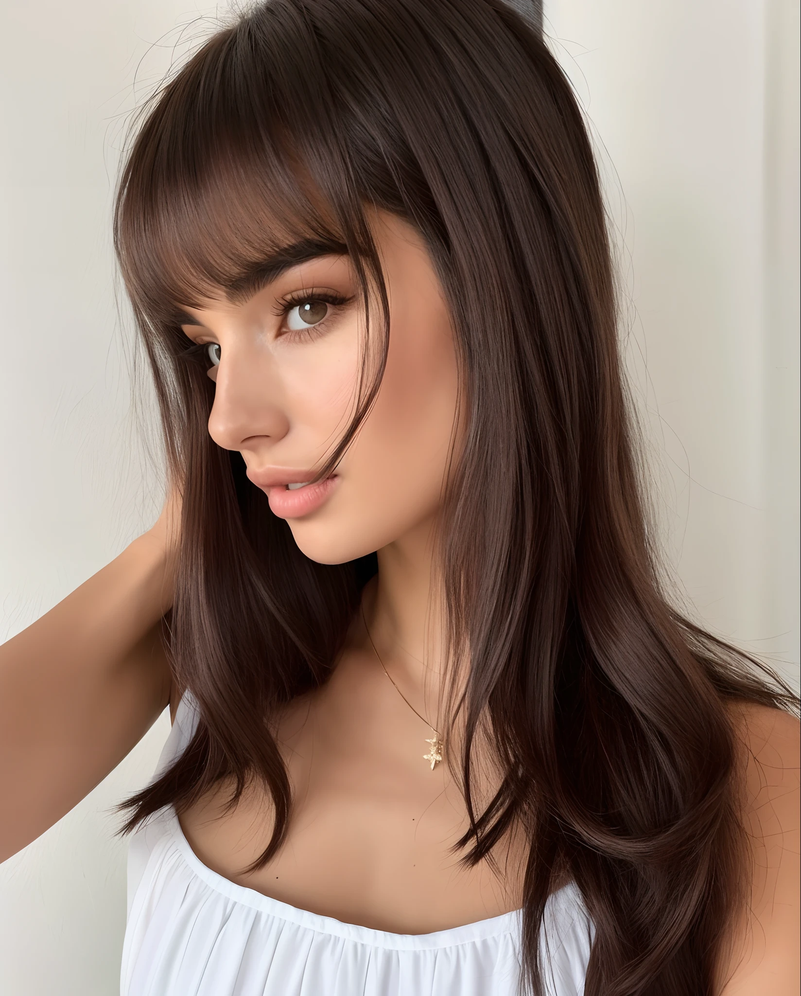 There is a woman who is brushing her hair with a comb, cabelos castanhos e franja, cabelo castanho com franja, franja marrom, cabelo longo castanho com franja, Retrato Emily Ratajkowski, franja de cabelo castanho, Emily Ratajkowski, franja marrom grande, com franja, cabelo arrumado com franja, franja de cortina, olivia culpo, franja longa, cabelos longos com franja