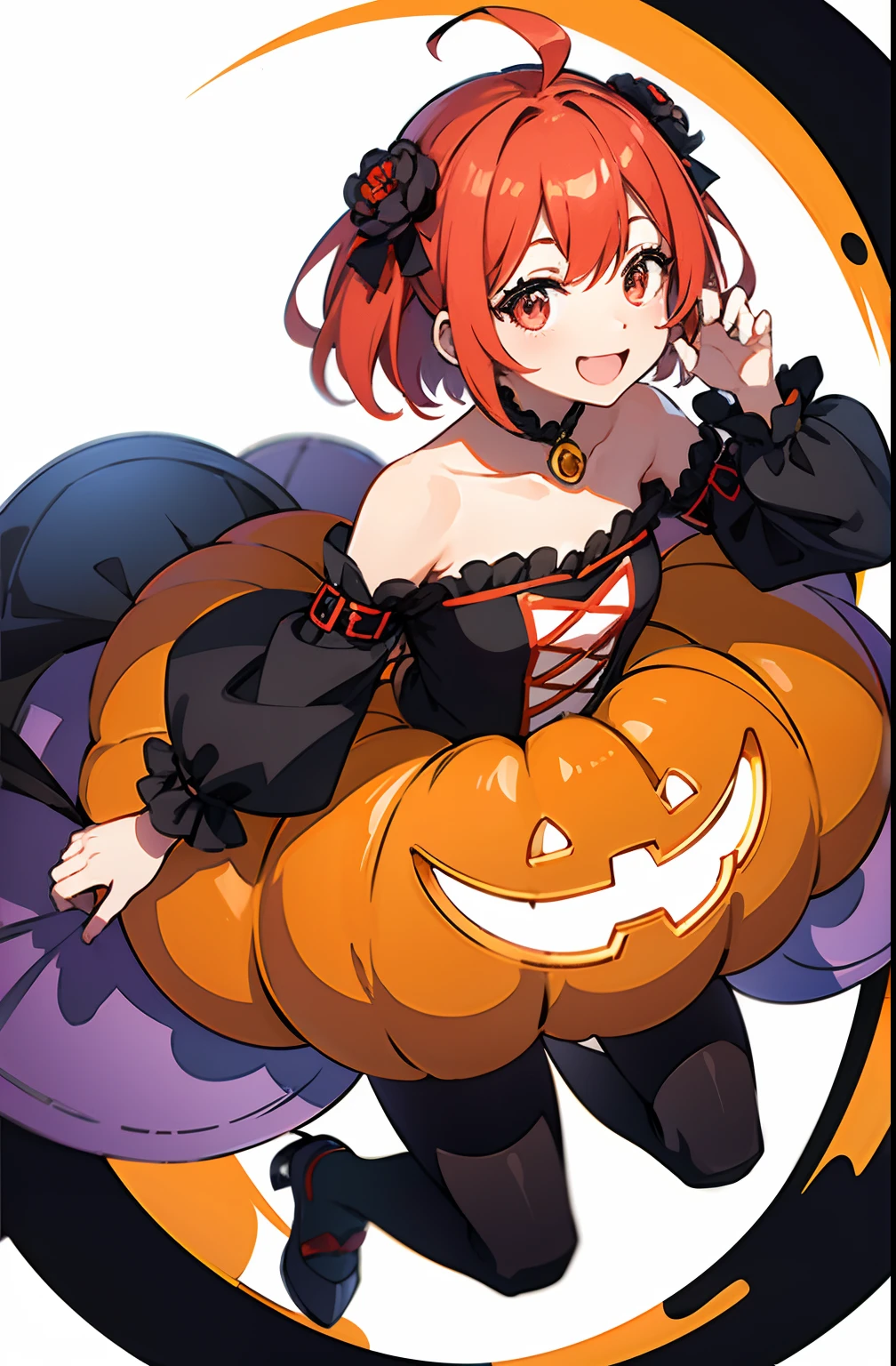 超A high resolution, nffsw, Best aesthetic, red hairs、a smile、Best Quality, masutepiece, Flat Avatar, Perfect litthing、(colourfull、vivd colour: 1.4)、Ahoge、full body Esbian, Peony hair ornament, Shorthair、 is shy, A smile, 、Ahoge, Chibi, simple background, 耳环, jewely, side locks, large oval eyes,Flat Avatar, simple background, Halloween Cosplay、Halloween Cosplay、Pumpkin Cosplay、Pumpkin Cosplay