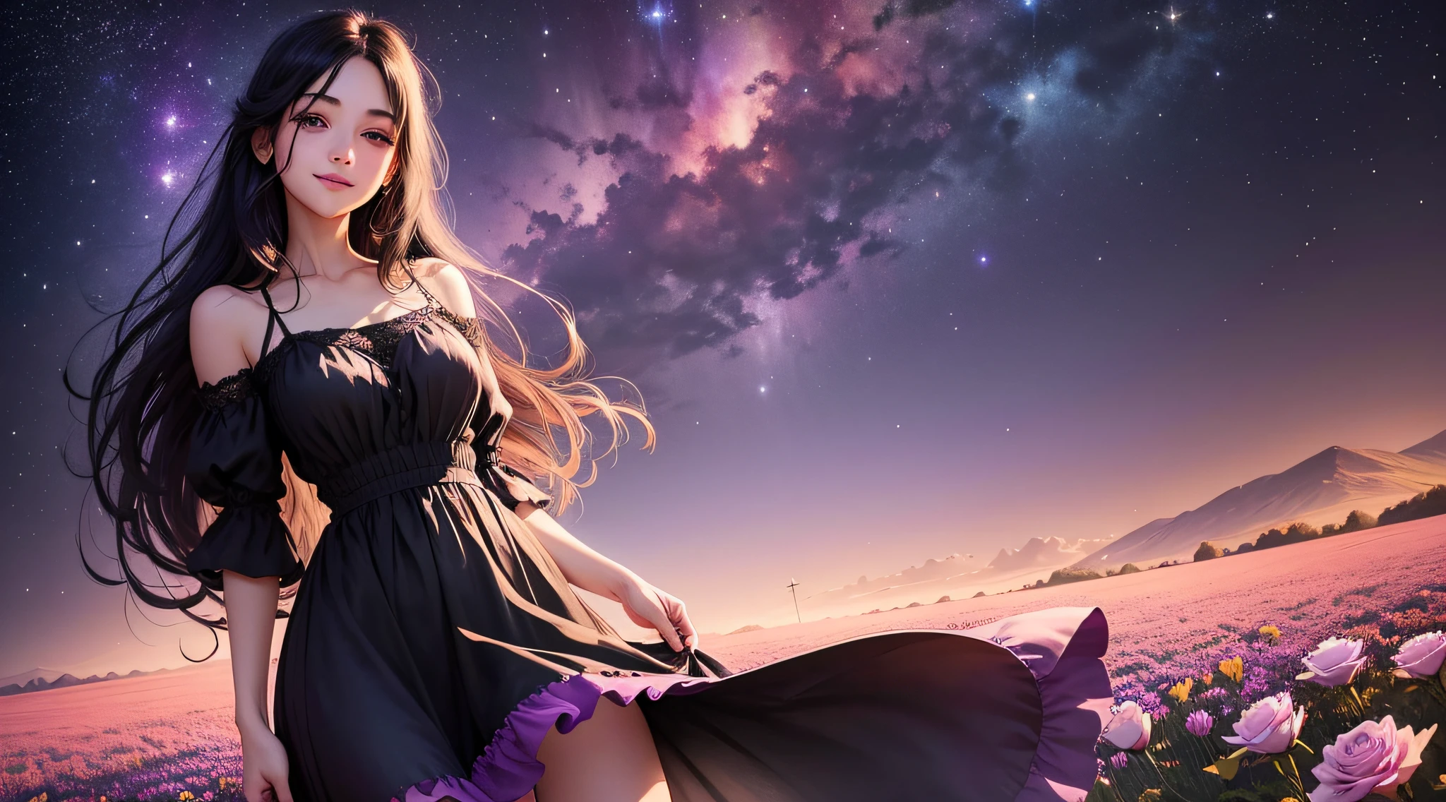 A beautiful girl with perfect nose and smile. She's standing in a field full of purple and old rose colored flowers. Wearing long black hair and see through dress, showing her skinny legs, in a pink stilleto. Looking up at the starry skies