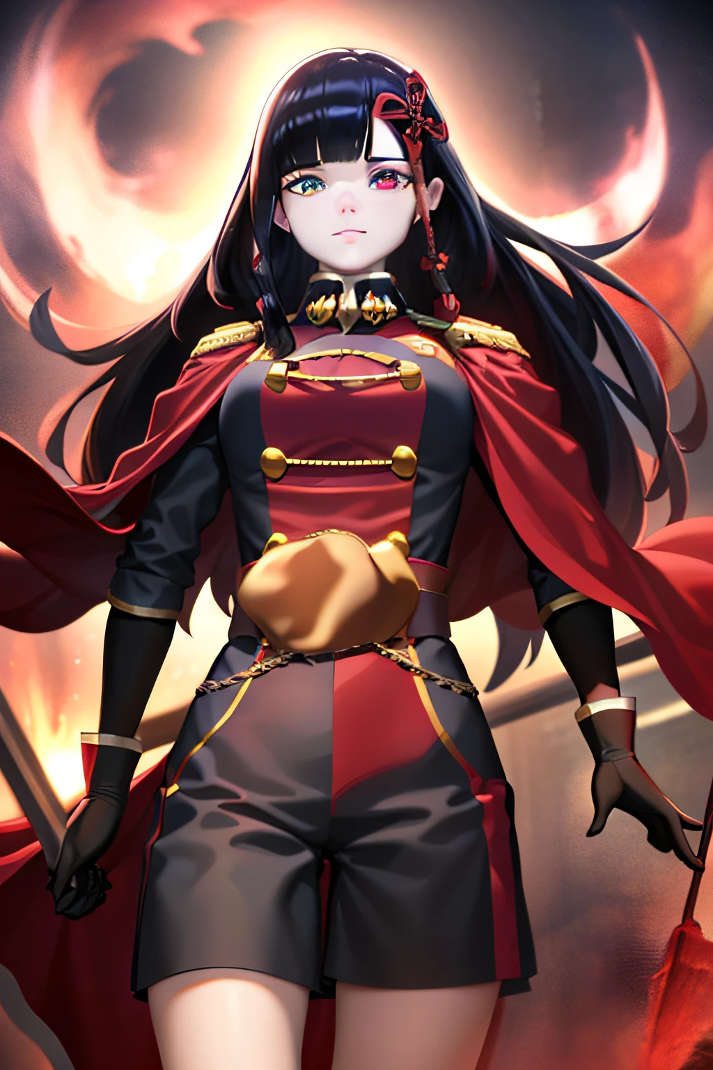 best quality,masterpiece,Master piece,extremely detailed CG unity 8k,cinemic lighting, yamashiro768, gloves, red cape, very long hair, Half body , heterochromia , White and black hair , beautiful eyes , beautiful face , high quality eye detail , high quality face , ultra high quality facial expression , beautiful character detail ,