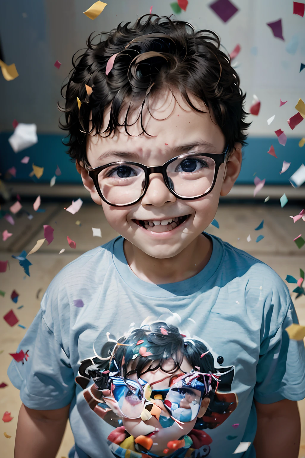 Create a cover portrait of a 3--old wearing glasses in a Pixar-style studio setup. He's gleeful, tossing colorful confetti into the air, looking directly at the viewer. The scene is set in a kindergnment with a pleasant, soft focus.