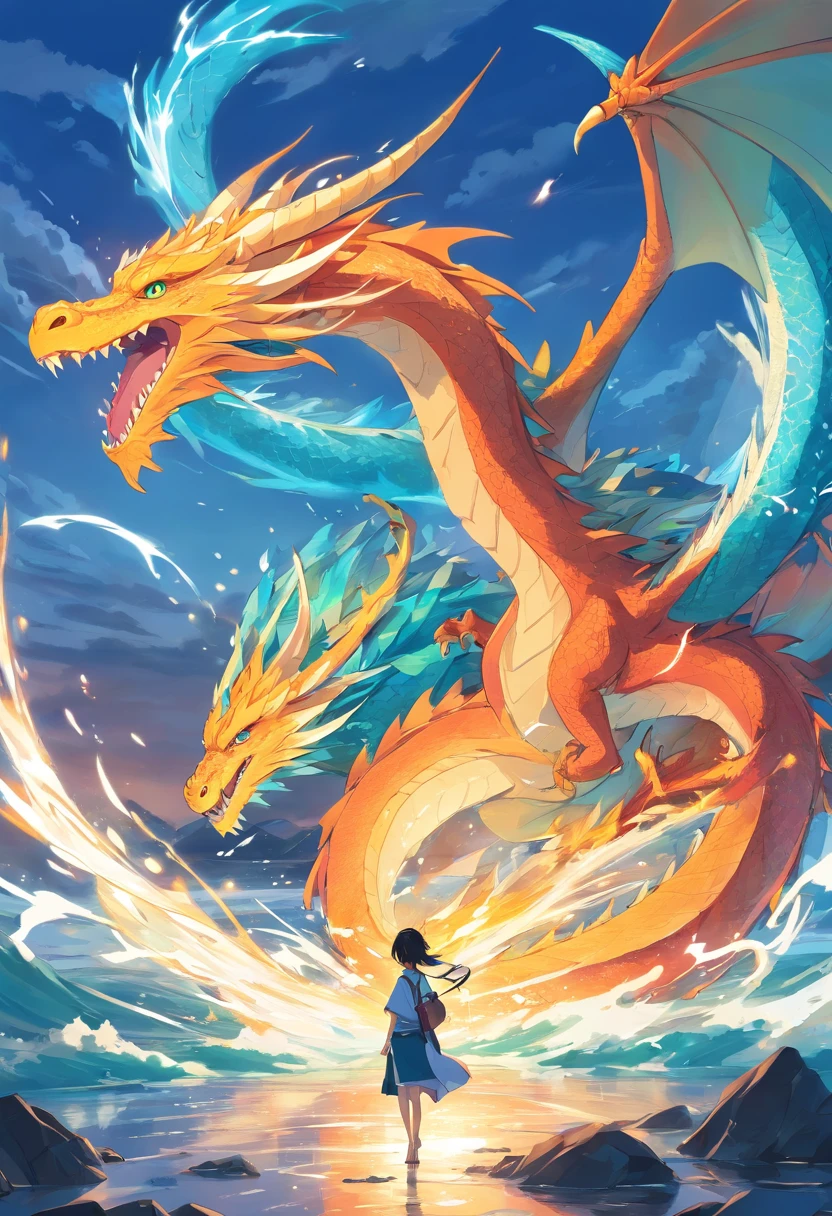 Design dragons inspired by nature and elements. Build a dragon that embodies the power of wind and water, with a flowing, Fluid lines and air, Gentle presence, T-shirt design.