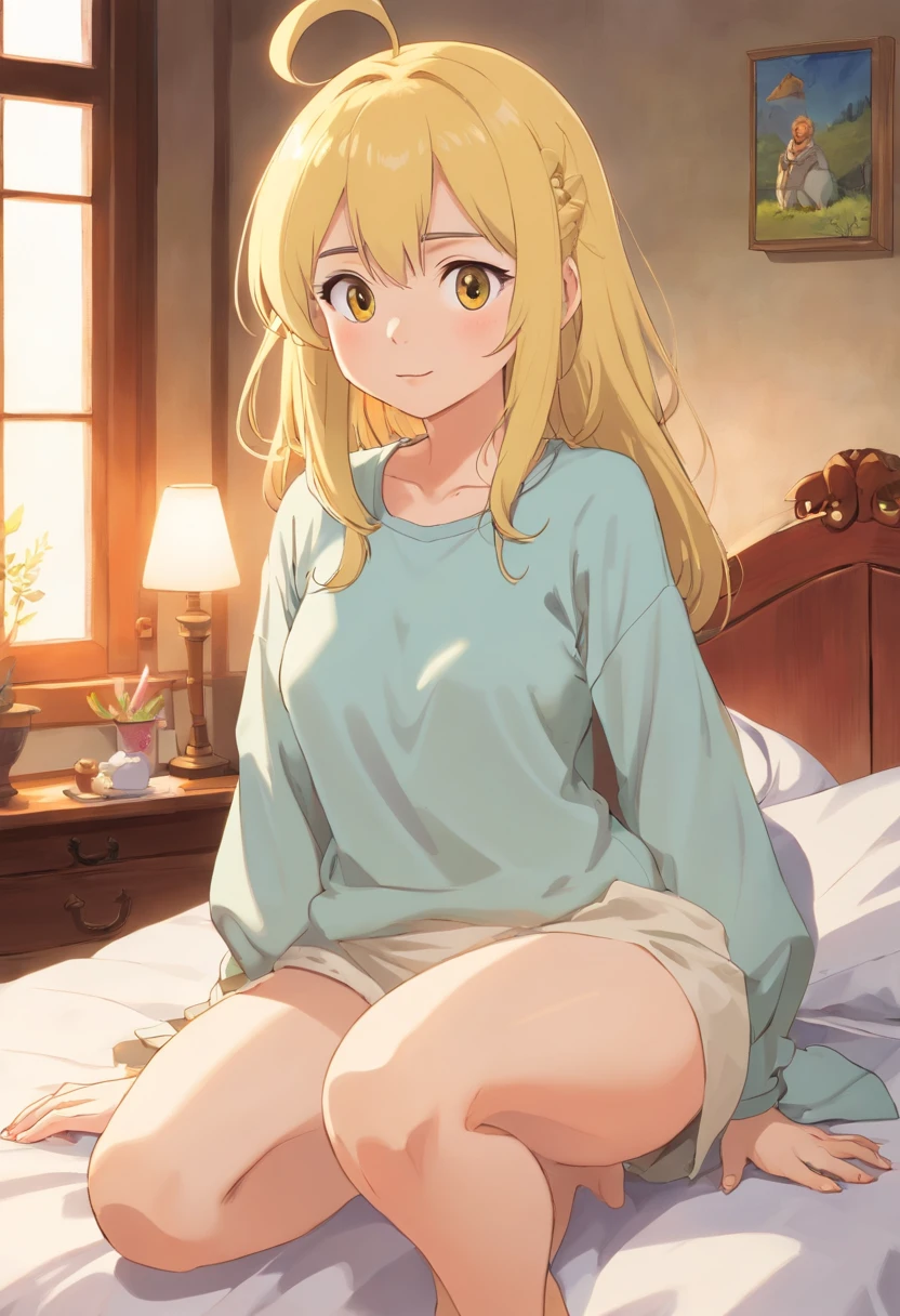 1female,sit on a bed,Full breasts,Large exposure,,The thighs are long and white,ass big,Yellow hair,Make it big with your hands,Mouth open,smug expression,Facing me,I didn't wear any clothes or pants, art