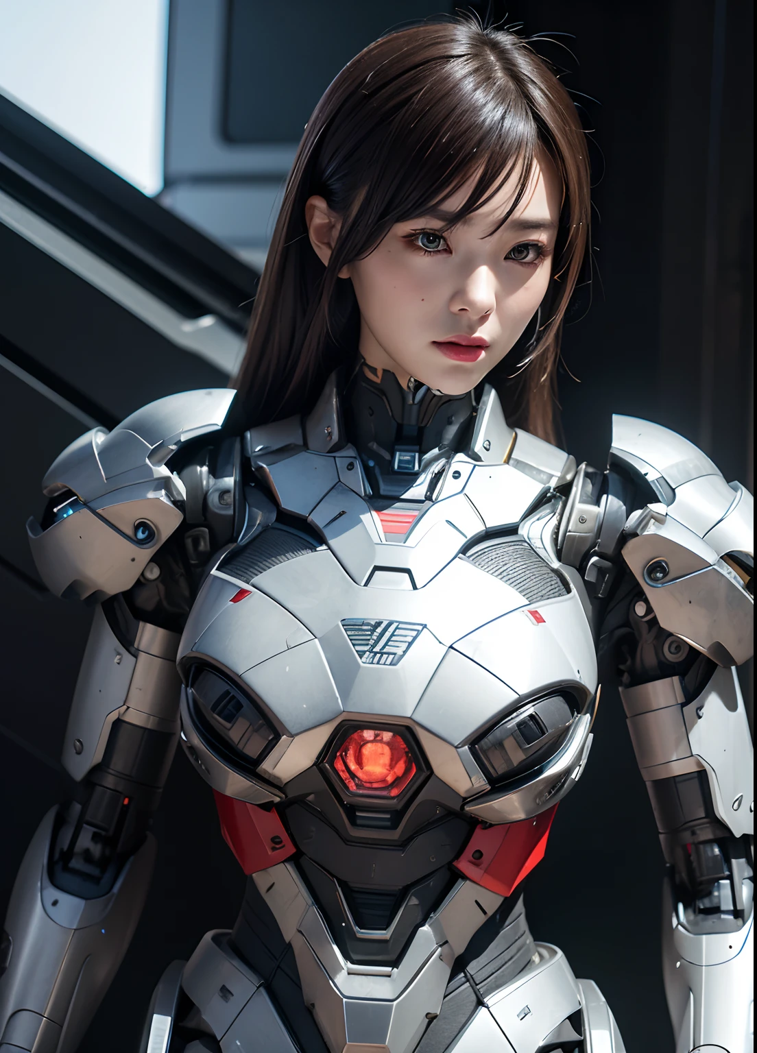 Textured skin, Super Detail, high details, High quality, Best Quality, hight resolution, 1080p, hard disk, Beautiful,(War Machine),beautiful cyborg woman,Mecha Cyborg Girl,Battle Mode,Girl with a Mecha Body,She wears a futuristic war machine weapon mech,Fulll body Shot