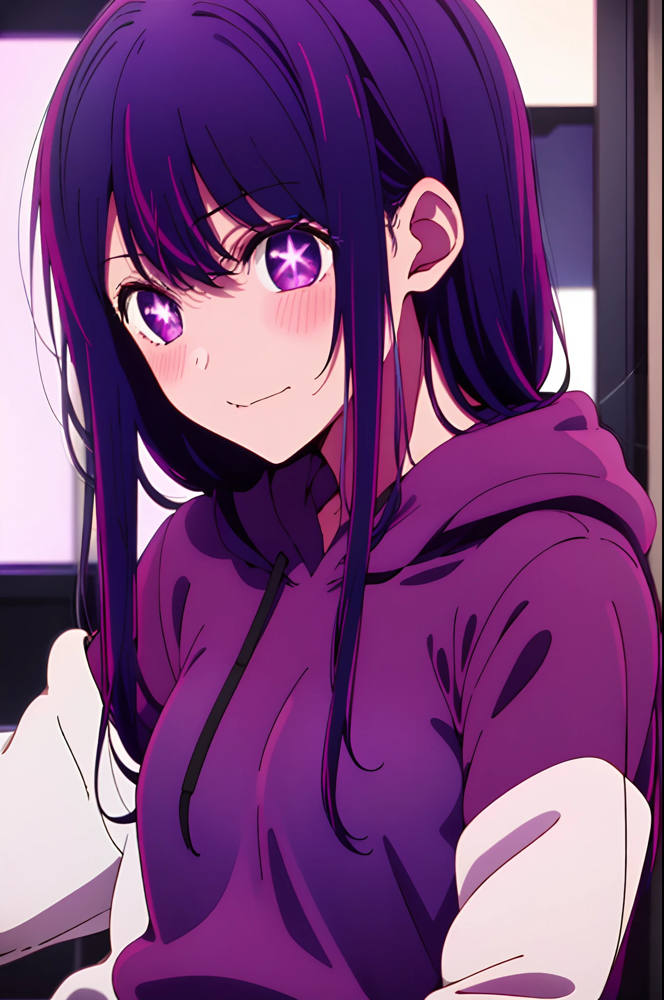 Yukino, best quality, purple color hair, purple eyes, in a black hoodie, cute girl, her expression is solemn, sexy face, she has a cute expressive face, hard breast