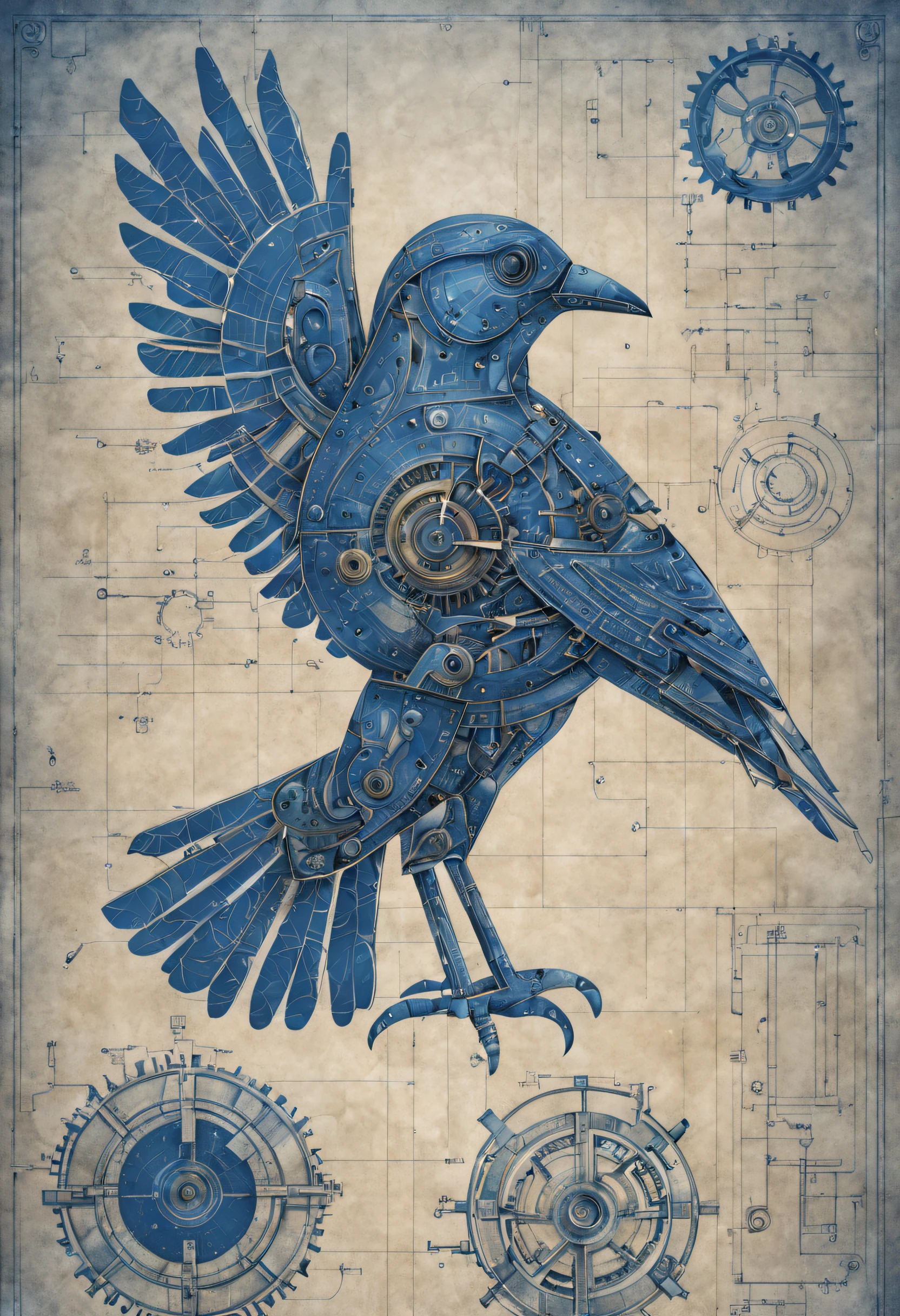 ultra high detailed, 8K, stain, aged blueprint of mechanical bird, cog, electric circuit, schematic diagram