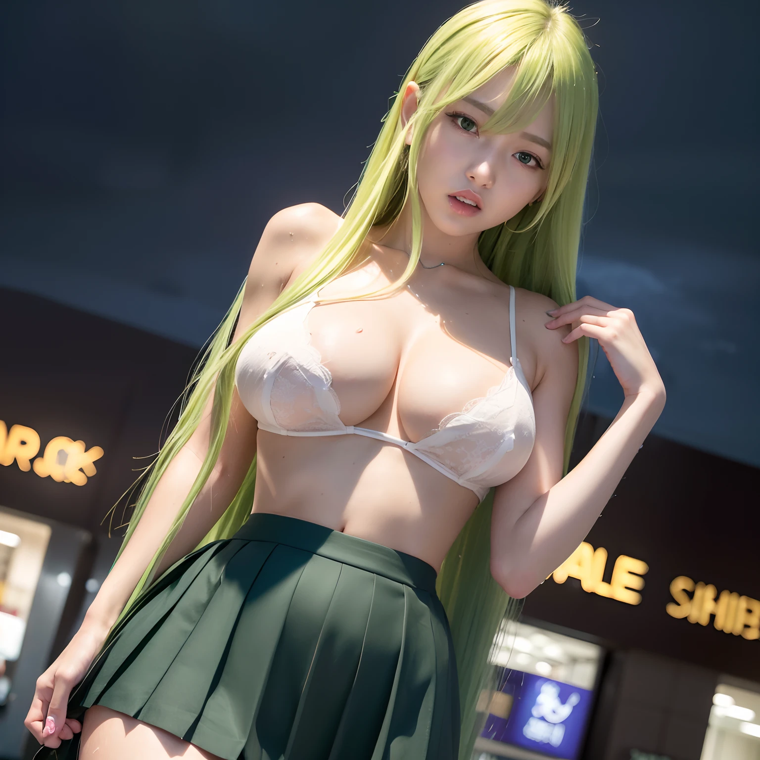 (bare breasts:0.2)best quality, ultra high res, (photorealistic:1.4), (green long hair:1.3), (azur lane\), 1girl, (Kpop idol), nsfw, slender body, looking at viewer, cute,banyak face, detailed face, contrapposto, smooth skin, perfect anatomy, white camisole, big breast cup F, lingere, white shirt,pure black pleated skirt,  cityscape, night, rain, wet, professional lighting, shopping mall entrance, outdoor, no teeth