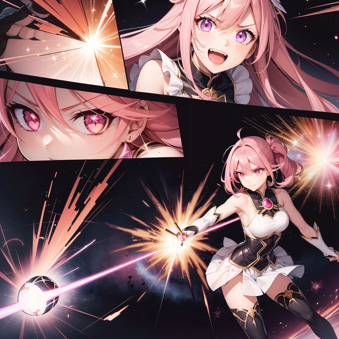 (comic_layout:1.3), (fighting stance:1.2), magical girl, multiple girls, (red theme), ((face focus)), perfect detailed eyes, (sparkle, explosion:1.2), (reflection burst fire), multiple views, growing detailed eyes, kawaii angelic eyes, medium hair, brilliant white medium dress, white elbow gloves, luminescence wing hair ornament, holding wand, skirt, wing brooch, medium breasts, pink hair, pink eyes, pink thigh highs, upper body, sleeveless, (burst into laughter:1.1), disdain, smile, annoyed, (brilliant colorful luminescence effect galaxy background), BREAK (best quality:1.3), (absurd resolution:1.1), (top quality:1.1), masterpiece, high resolution, immensely beautiful, extremely detailed CG, incredibly absurdres, comic