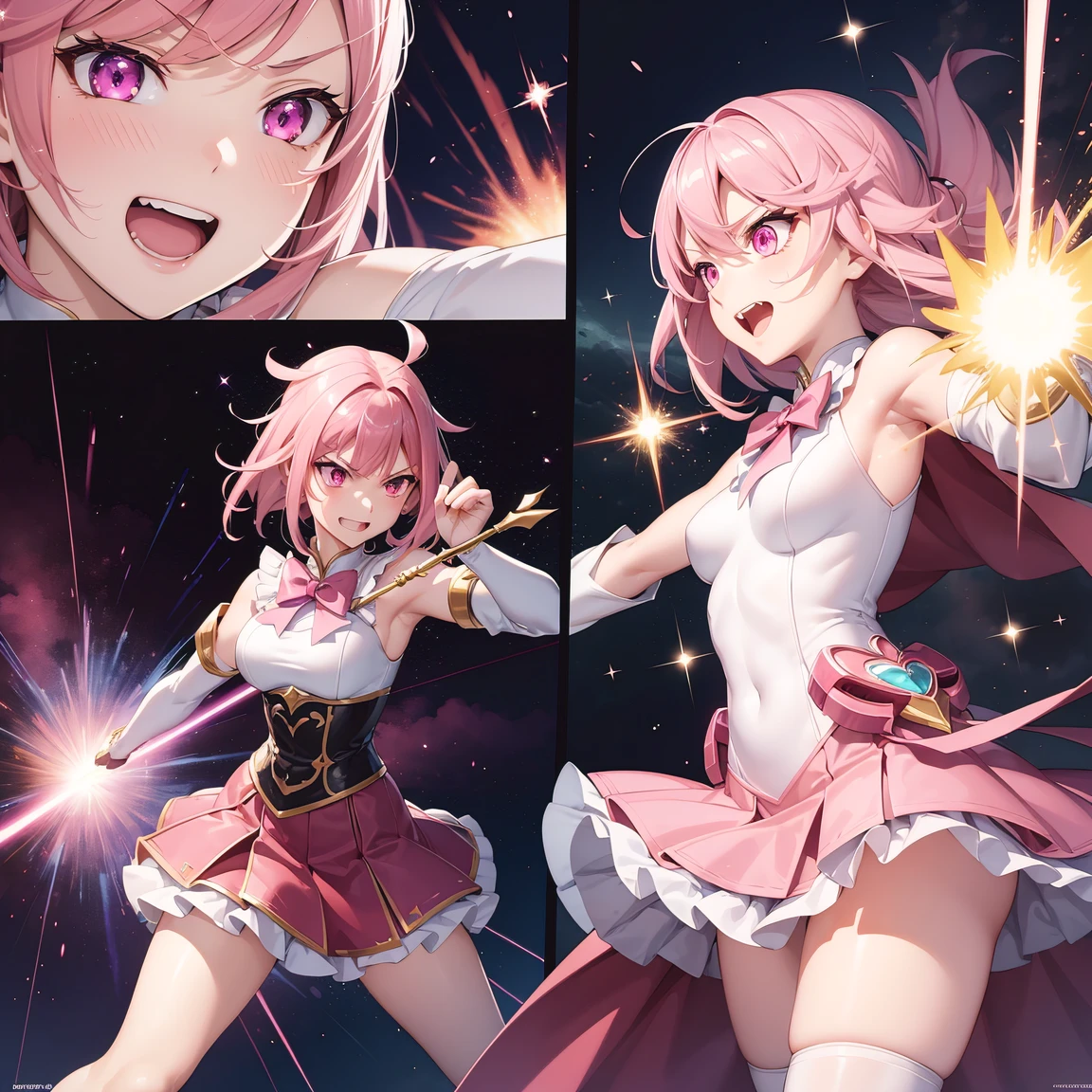 (comic_layout:1.3), (fighting stance:1.2), magical girl, multiple girls, (red theme), ((face focus)), perfect detailed eyes, (sparkle, explosion:1.2), (reflection burst fire), multiple views, growing detailed eyes, kawaii angelic eyes, medium hair, brilliant white medium dress, white elbow gloves, luminescence wing hair ornament, holding wand, skirt, wing brooch, medium breasts, pink hair, pink eyes, pink thigh highs, upper body, sleeveless, (burst into laughter:1.1), disdain, smile, annoyed, (brilliant colorful luminescence effect galaxy background), BREAK (best quality:1.3), (absurd resolution:1.1), (top quality:1.1), masterpiece, high resolution, immensely beautiful, extremely detailed CG, incredibly absurdres, comic
