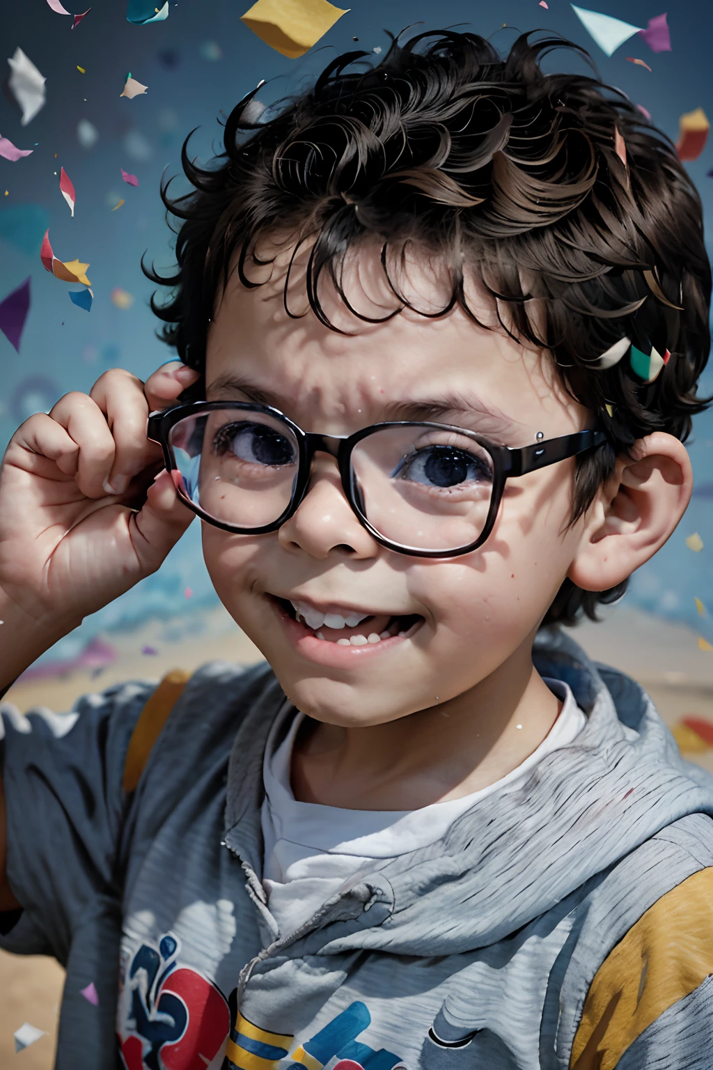 Create a cover portrait of a 3-year-old boy wearing glasses in a Pixar-style studio setup. He's gleeful, tossing colorful confetti into the air, looking directly at the viewer. The scene is set in a kindergarten environment with a pleasant, soft focus.