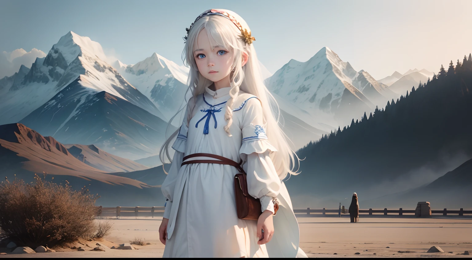 In the background are mountains, a beautiful girl name is May, 8--old l with blue eyes, long white hair, wearing a white tunic, On the waist there is a small bag, Hunger