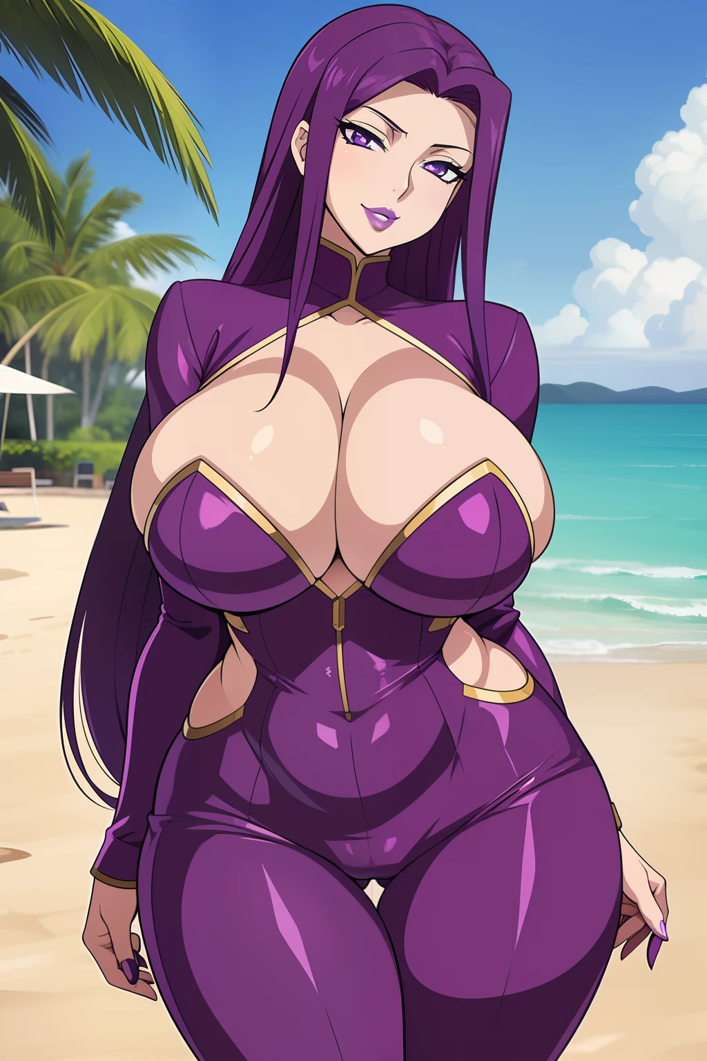 Code geass, Cornelia, purple hair, purple eyes, (((bimbo))), puffy lips, painted lips, thick lips, wide hips, thick thighs, big breast, huge ass, revealing cleavage, erotic smile face, bubble butt, camel toe, mature woman, huge round fake breasts, milf, breasts, purple uniform, on the beach