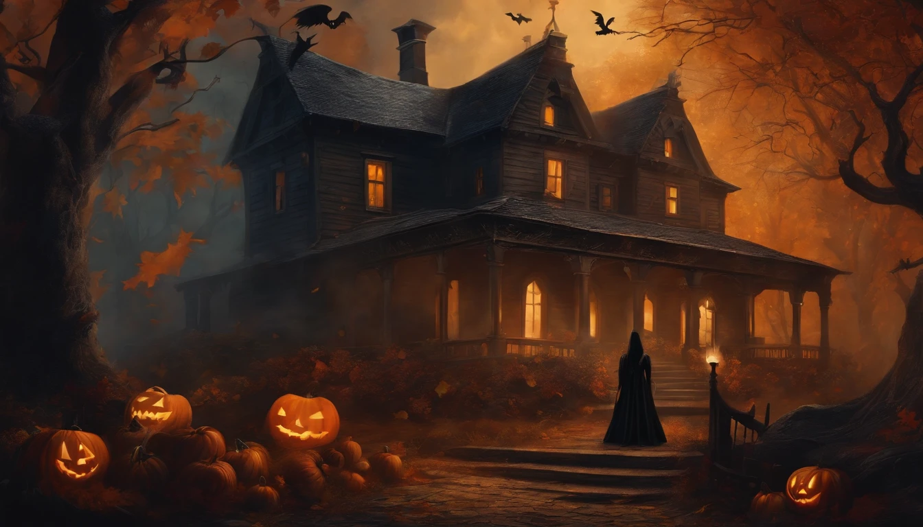 Design of Halloween Witches and ghosts inside a dark house. Estilo de pintura arte de pared. Dark Gothic style. autumn season.