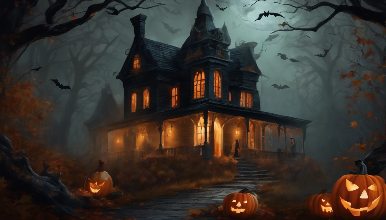 Design of Halloween Witches and ghosts inside a dark house. Estilo de pintura arte de pared. Dark Gothic style. autumn season.