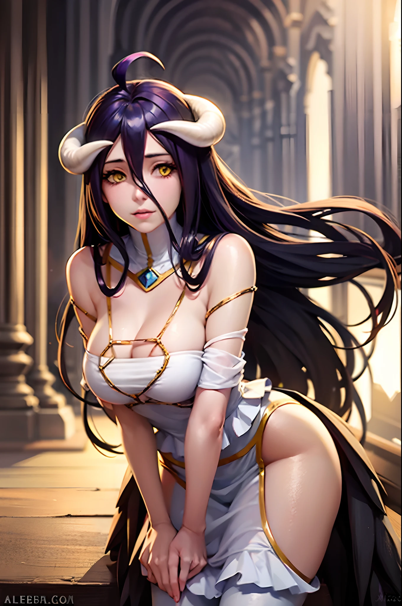 Beautiful horned girl, Albedo from Overlord, in stockings