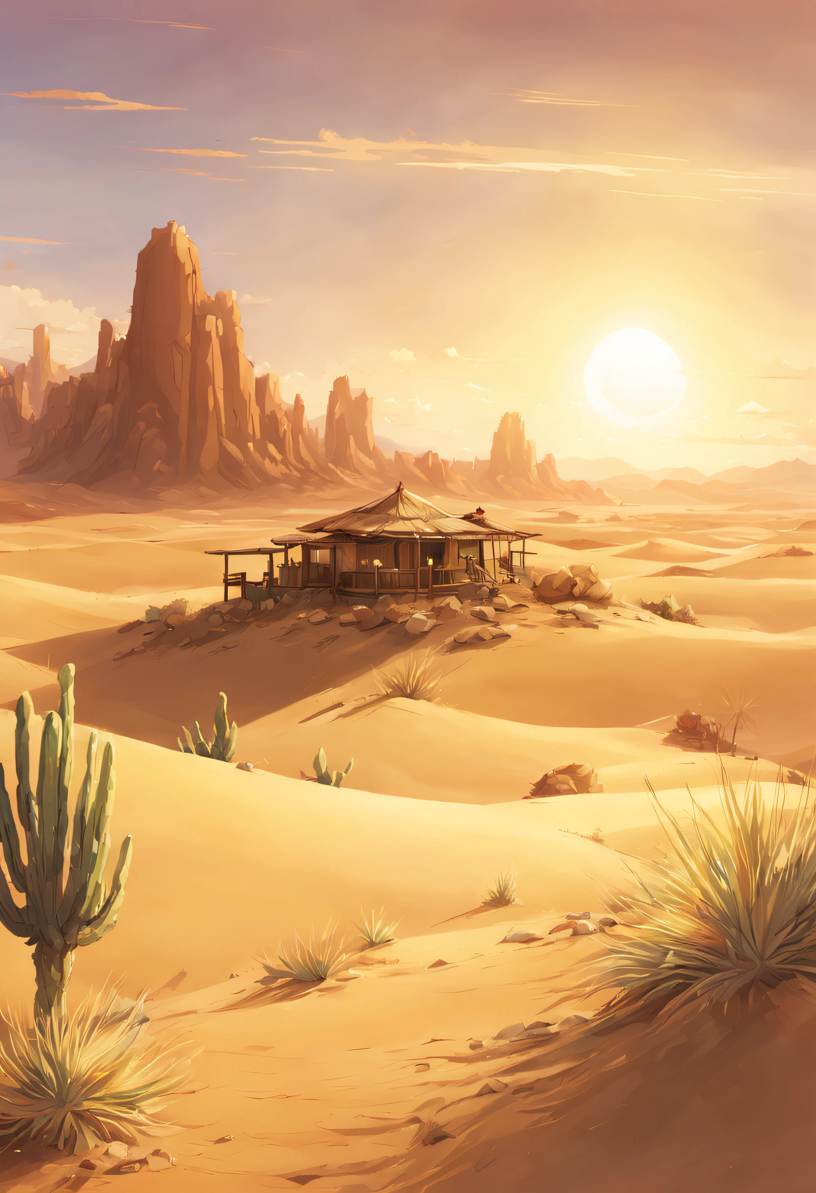 A desert setting bathed in the warmth of the desert sun, onde uma fonte tranquila e sombreada emerge milagrosamente, Providing Relief and Hope in the Midst of Aridity. imagem estilo anime