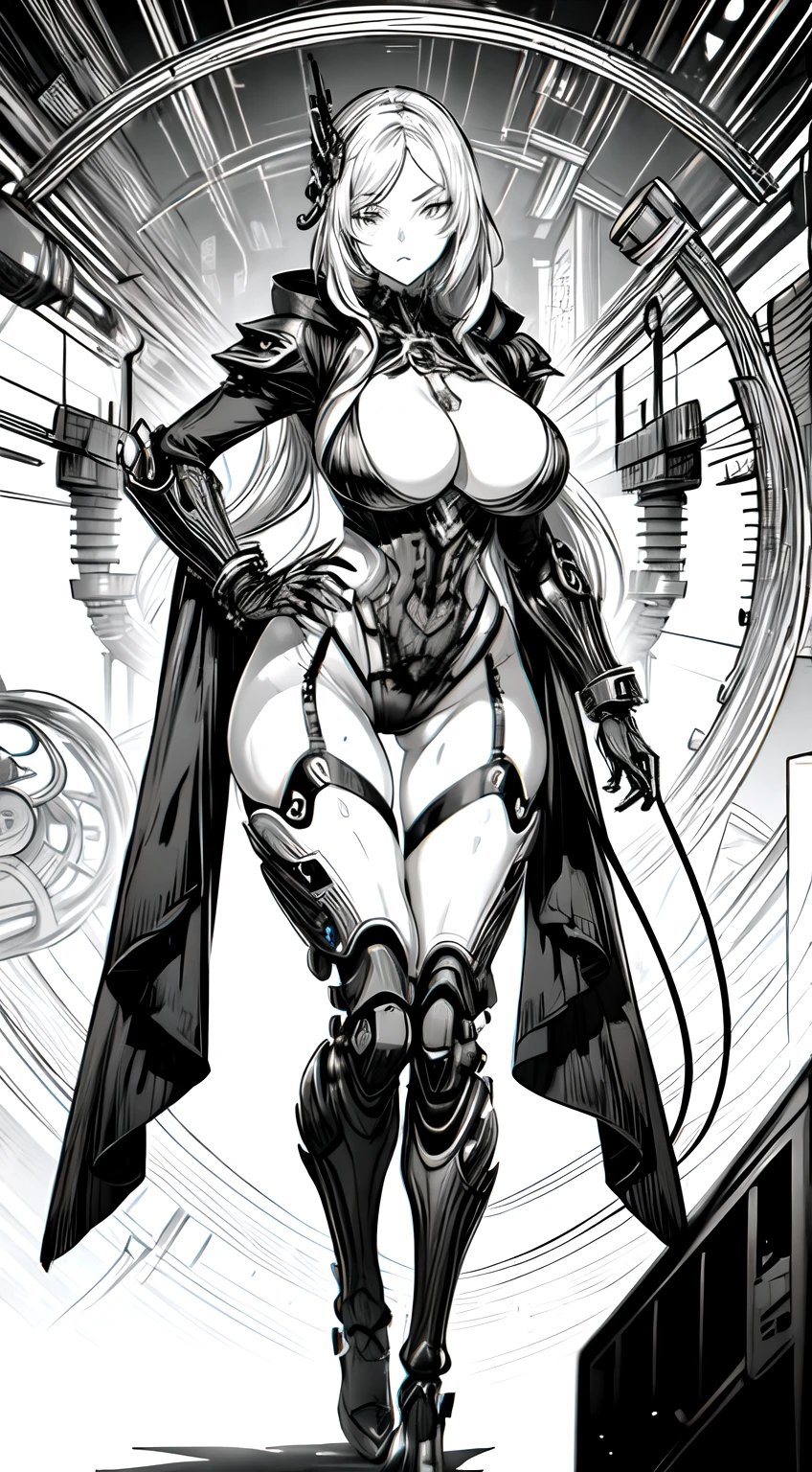 monochrome, greyscale, sexy 1girl biomechanical steampunk cyborg woman,full body, cleavage is visible、(wearing futuristic clothing , intricate and detailed anatomically sculpted biomechanical steampunk body),Elegant and glamorous,cables, Wires and microchips,Skillfully on her female cyborg body, Slender hot fit body with a gorgeous detaild face, expressive big round eyes, images, monochrome, greyscale, hnsrdlf style