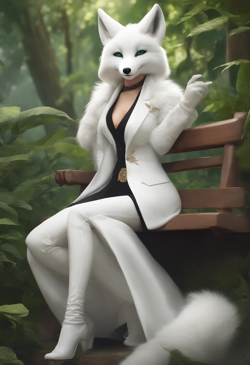 Best quality, 4K, masterpiece, art, anthropomorphic white fox, not human, not man, not human face, correct anatomy, correct fingers, white wool, white clothes, jeans (white), jacket (white), fursona art, incredibly huge breasts (covered), simple white background, white white, green pupils, cunning look