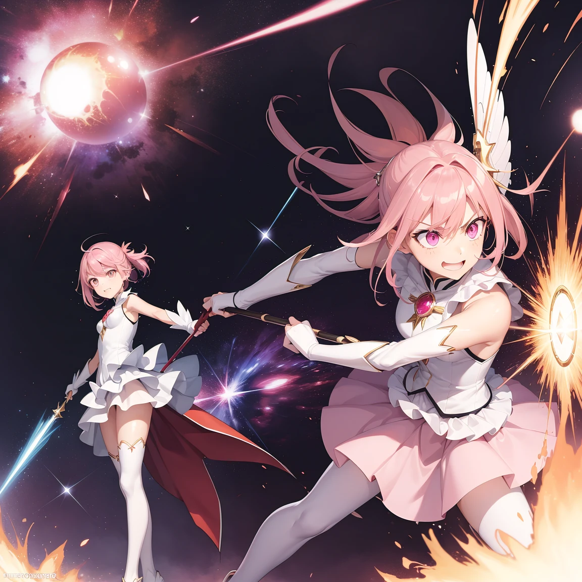 (comic_layout:1.3), (fighting stance:1.2), magical girl, multiple girls, (red theme), ((face focus)), perfect detailed eyes, (sparkle, explosion:1.2), (reflection burst fire), multiple views, growing detailed eyes, kawaii angelic eyes, medium hair, brilliant white medium dress, white elbow gloves, luminescence wing hair ornament, holding wand, skirt, wing brooch, medium breasts, pink hair, pink eyes, pink thigh highs, upper body, sleeveless, (burst into laughter:1.3), disdain, smile, annoyed, (brilliant colorful luminescence effect galaxy background), BREAK (best quality:1.3), (absurd resolution:1.1), (top quality:1.1), masterpiece, high resolution, immensely beautiful, extremely detailed CG, incredibly absurdres, comic