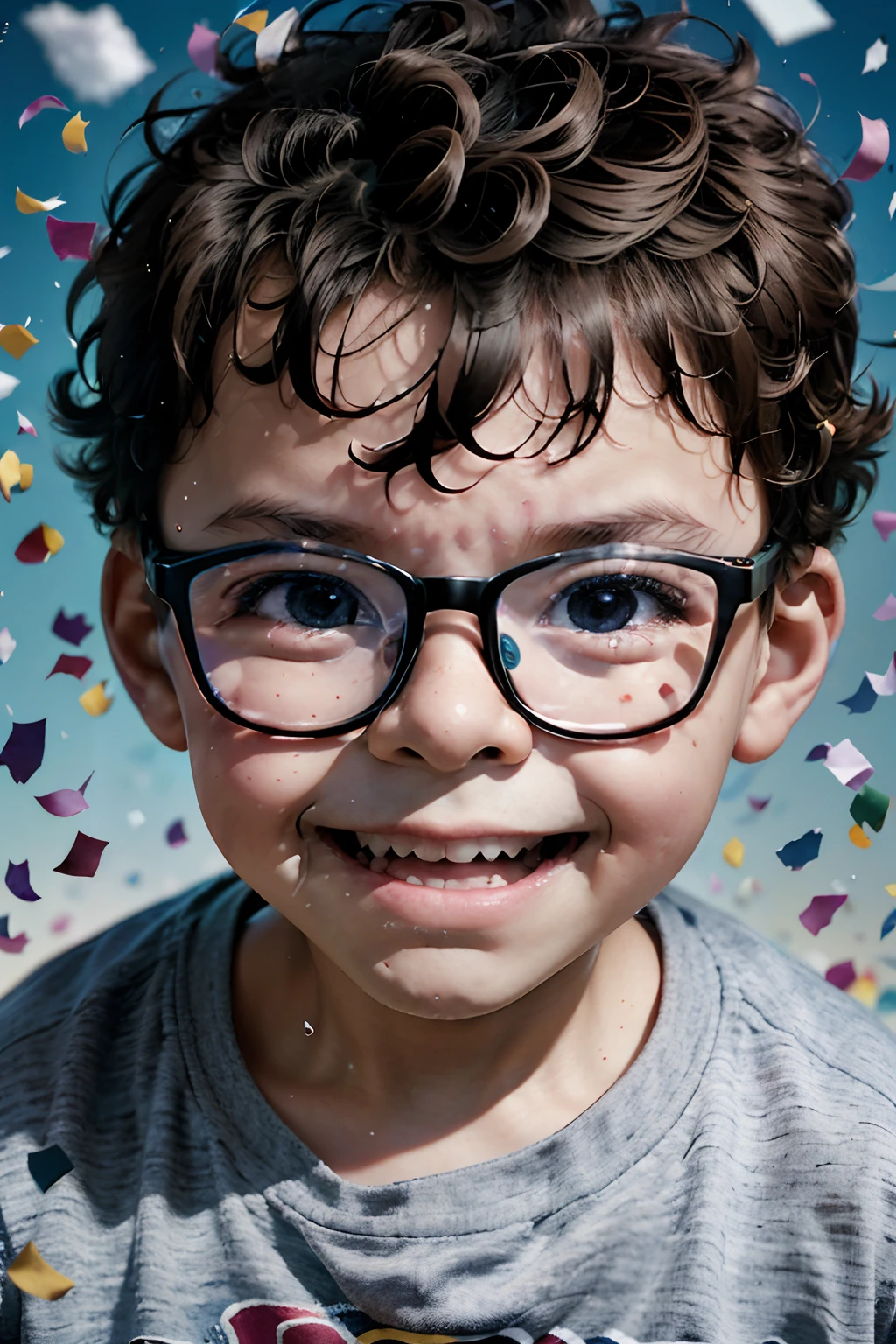 Create a cover portrait of a 3--old wearing glasses in a Pixar-style studio setup. He's gleeful, tossing colorful confetti into the air, looking directly at the viewer. The scene is set in a kindergnment with a pleasant, soft focus.
