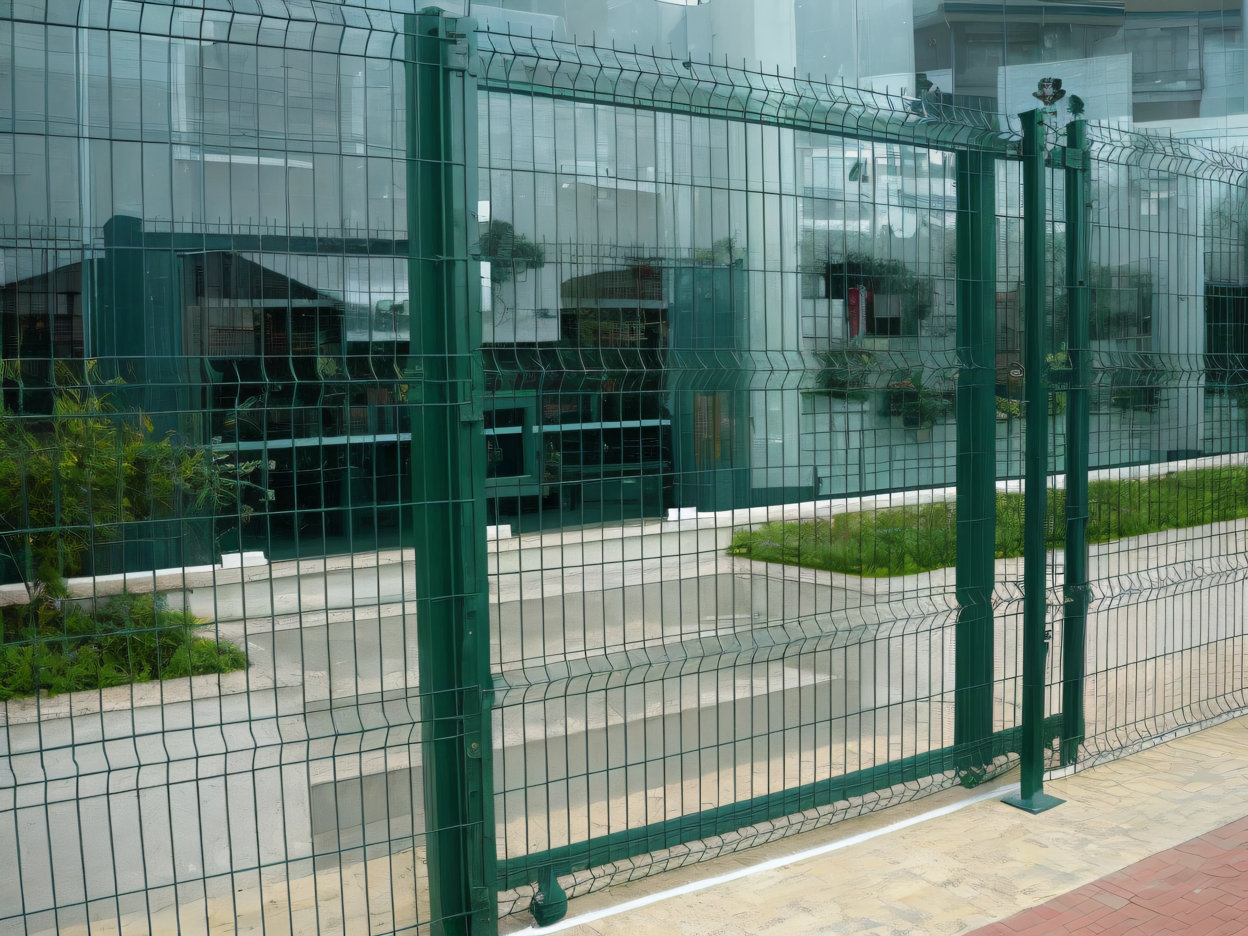 fenced area with green gate and green planters, cerca, cerca, gate, Pequena cerca, Hard Mesh Powders, reticulado, fronteira, Panels, large gate, brasileiro, mid closeup, ao ar livre, sao paulo, Cercas, medium close - up, mid closeup, esgrima, handmade, geometric, Laura Sava, moderno, iron gate, Pvc, malha