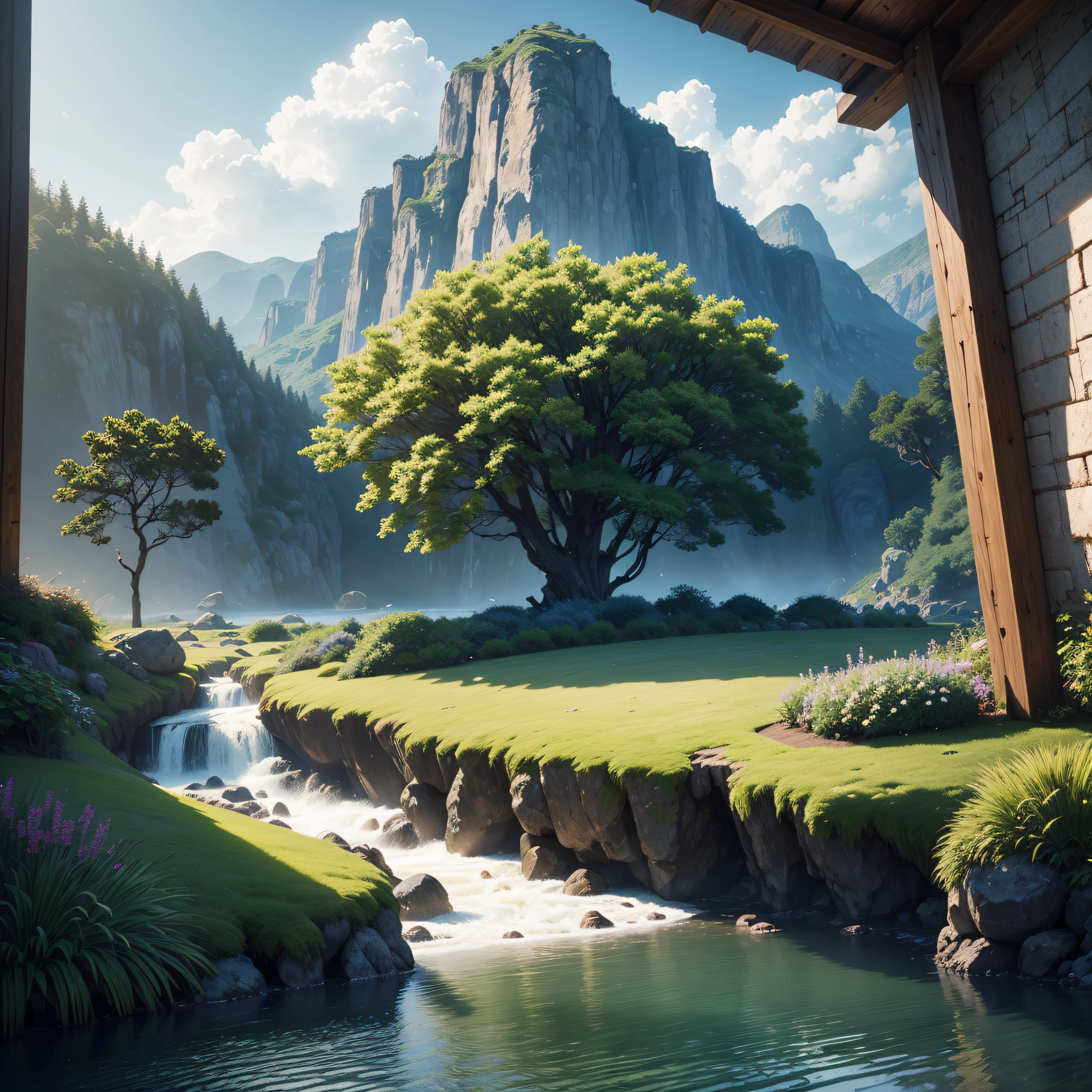Calm place, Very pleasant, Beautiful, Gentle and beautifully landscaped. Photorealistic, 8K UHD, Studio Quality, A hyper-realistic, Maximum Detail, hefty, post processed, Photorealistic, Photorealistic, photoshopped, Photography, Detailed, Cinematic lighting, landscape, the panorama, Scenery, Ray tracing, cinema4d --auto