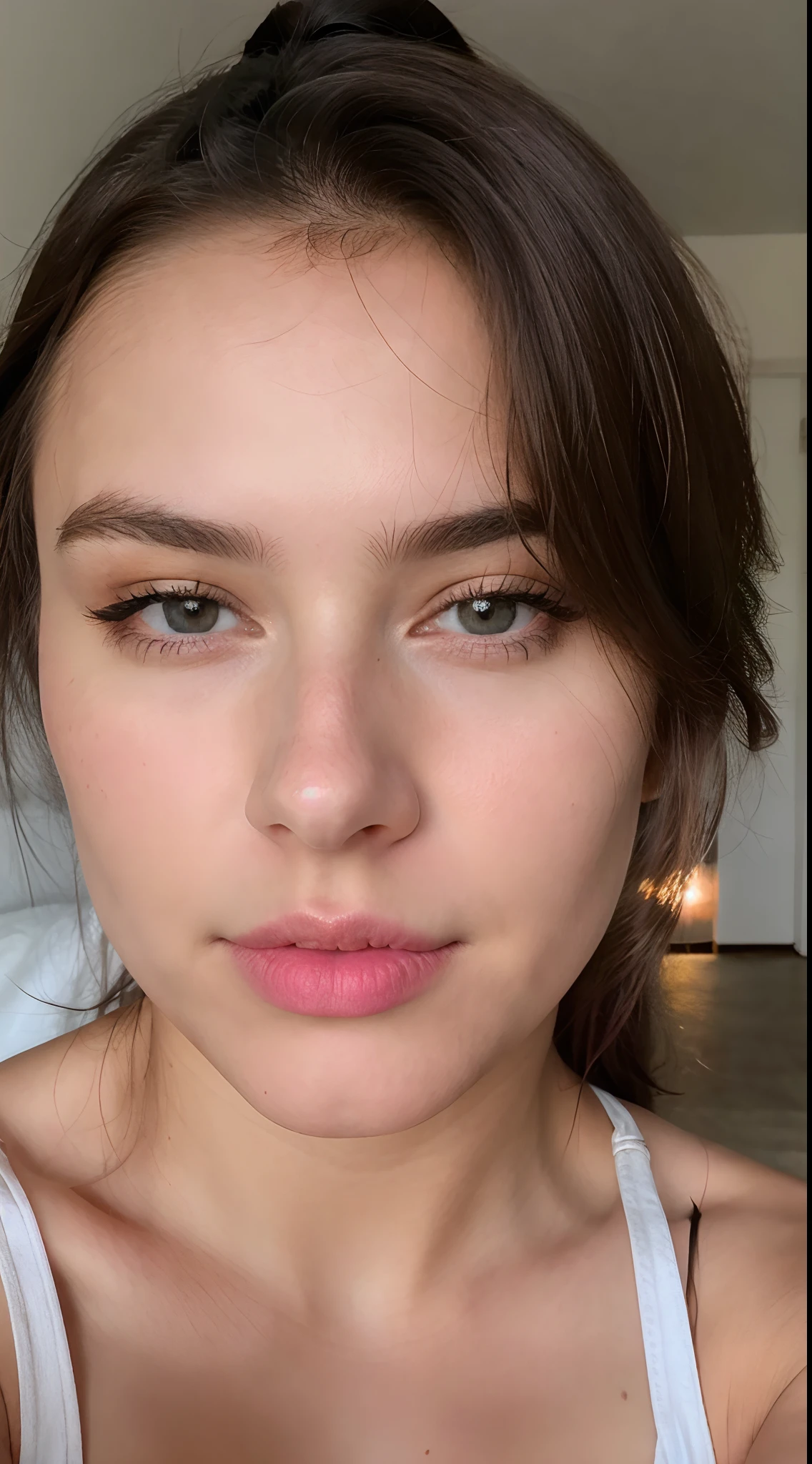 photography of a 20yo woman, perfect face, fully dressed, use the same face, masterpiece, same face, selfie style in bed, selfie, bed, very close, smiling, Lights on, laying in bed, head on pillow, late night setting